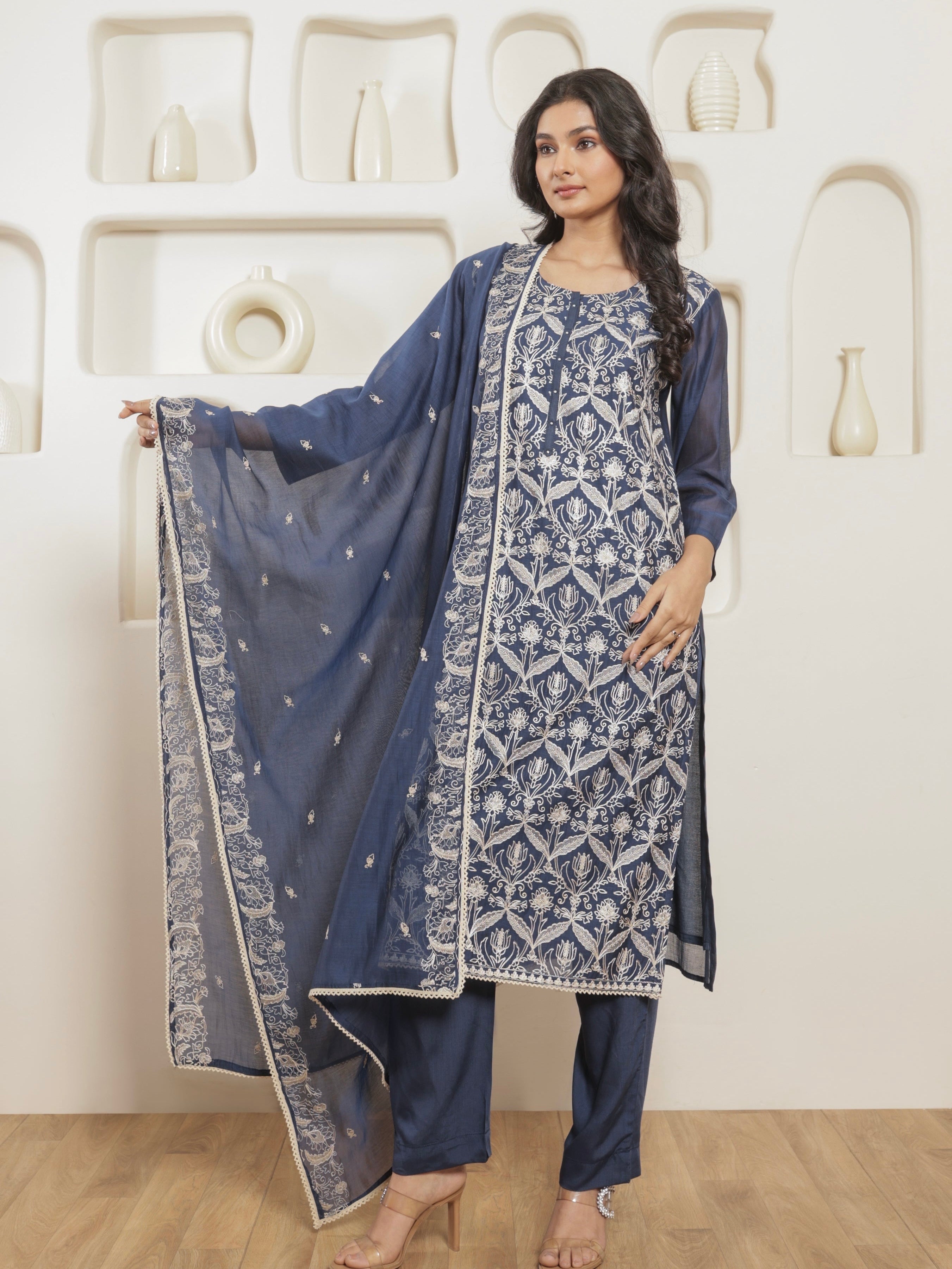 Ira Pure Mul Chanderi Embroidered Kurta Set with Dupatta - Midnight Blue