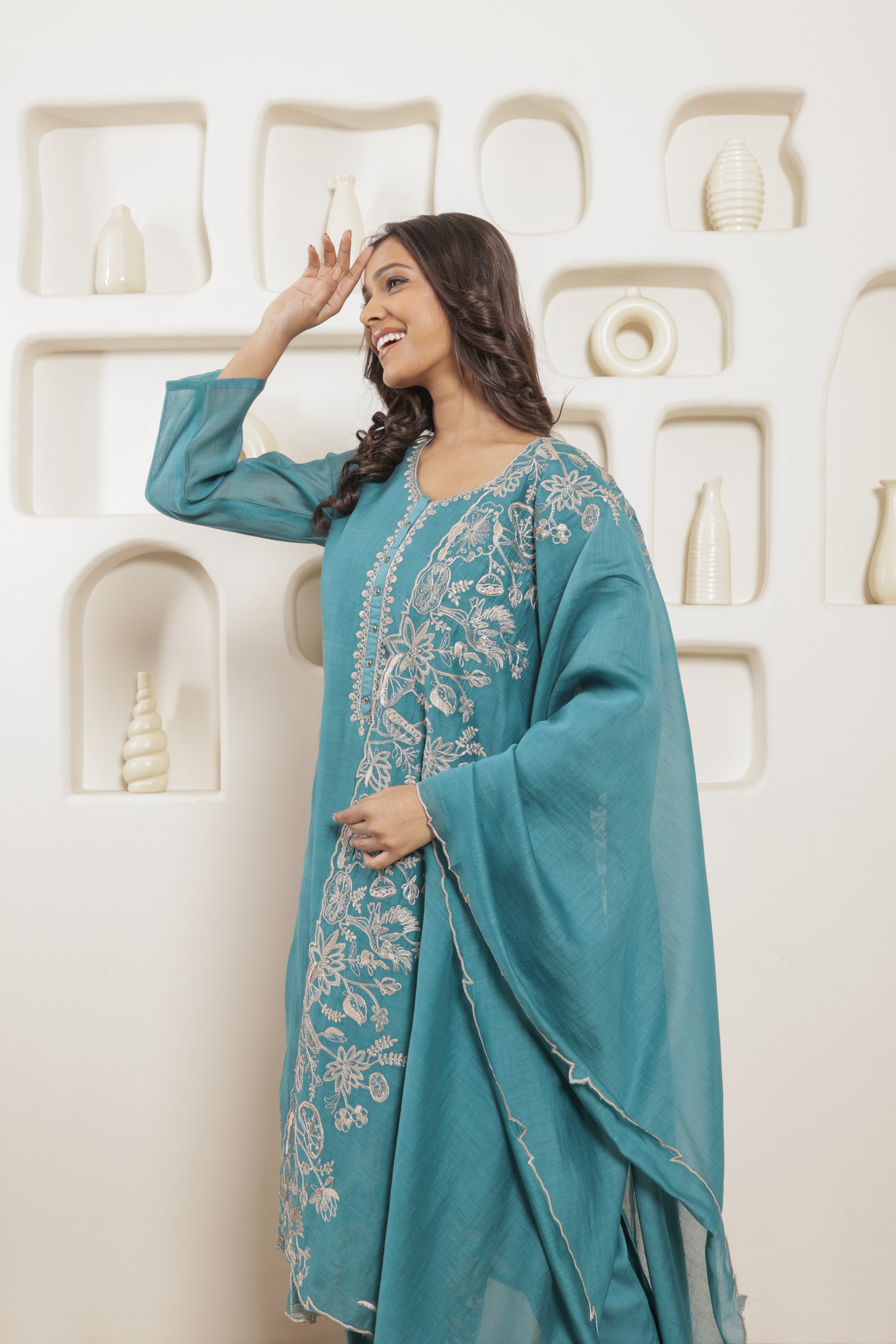 Eshna Pure Mul Chanderi Embroidered Kurta Set with Dupatta - Teal Blue