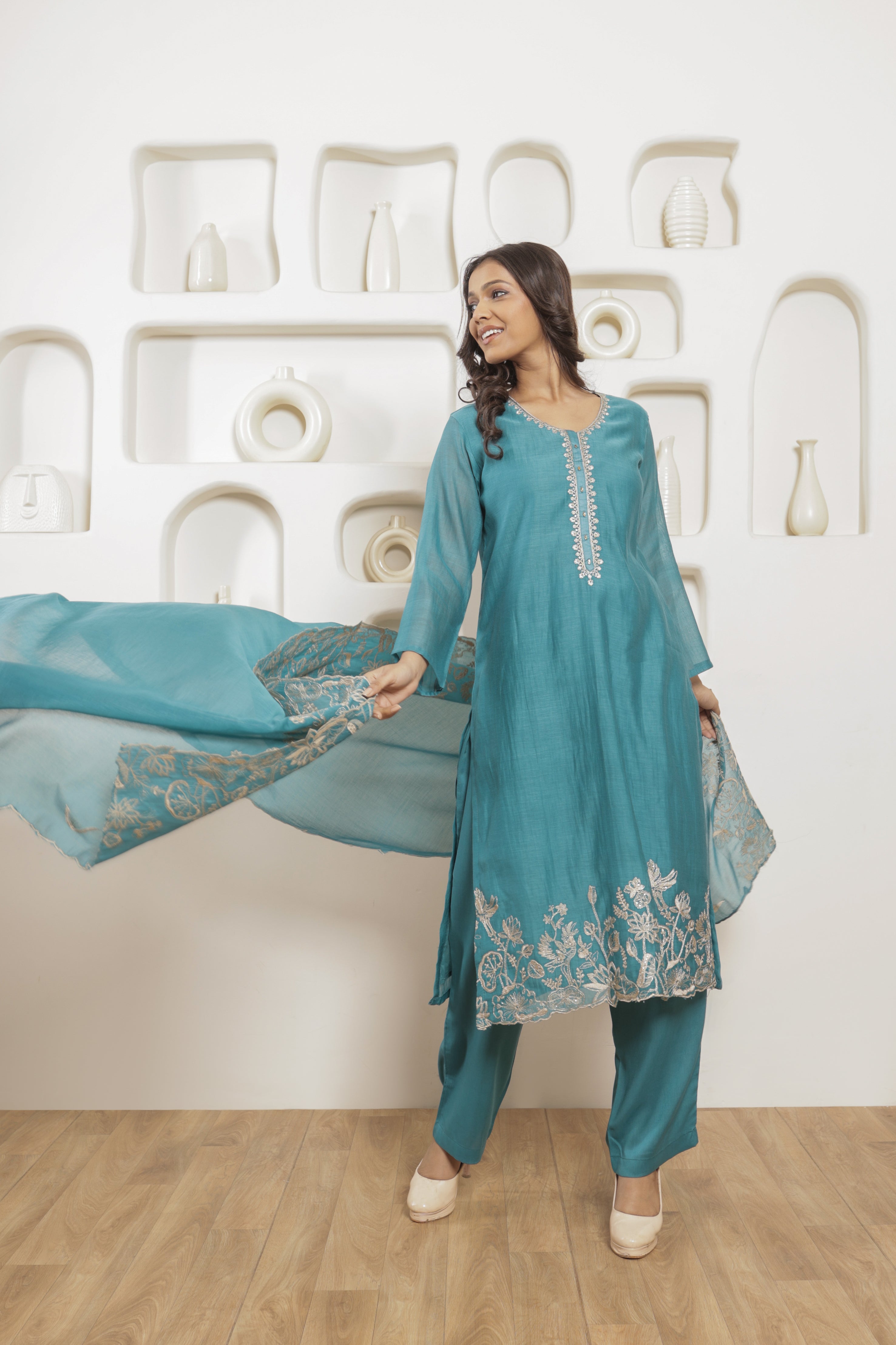 Eshna Pure Mul Chanderi Embroidered Kurta Set with Dupatta - Teal Blue