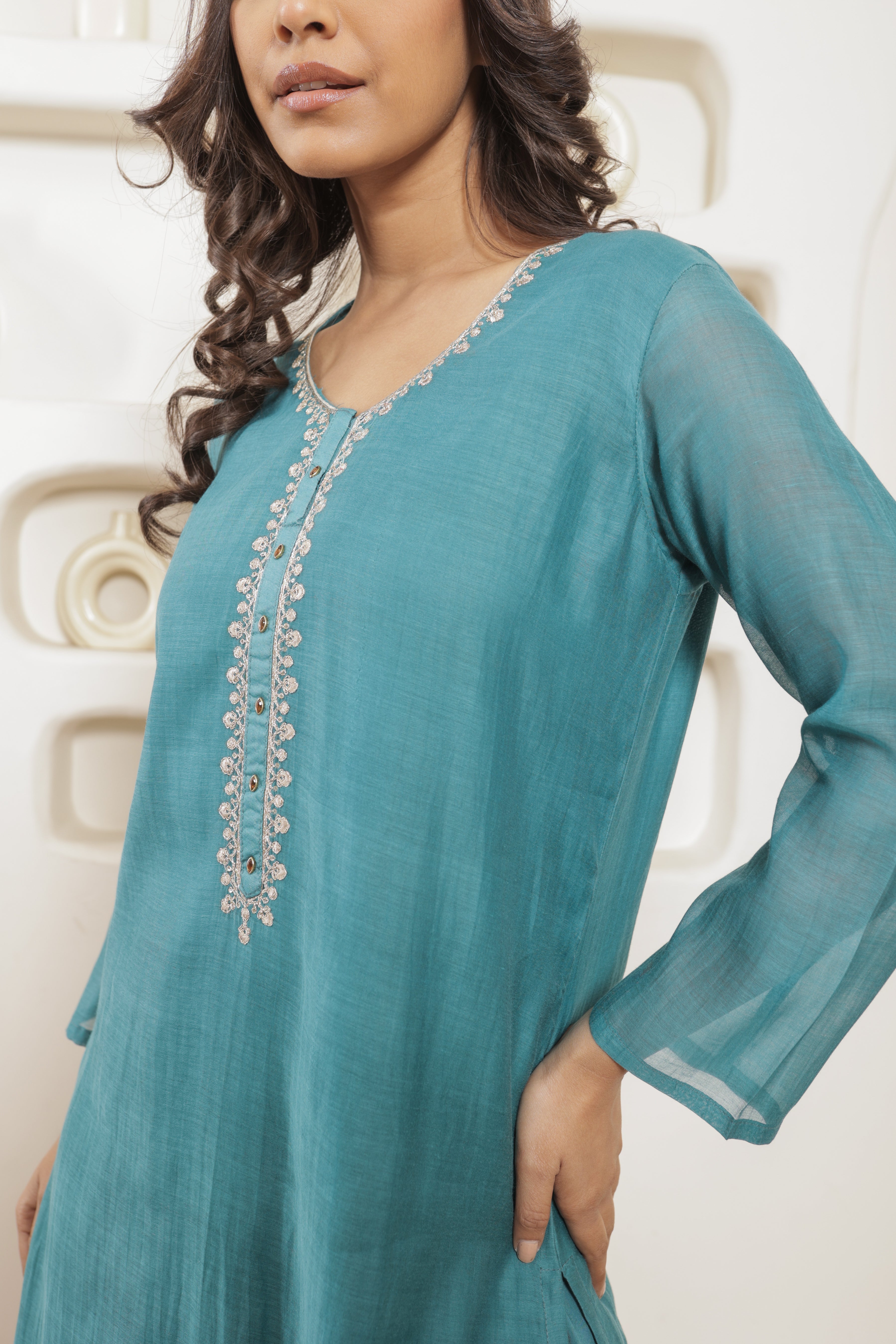 Eshna Pure Mul Chanderi Embroidered Kurta Set with Dupatta - Teal Blue