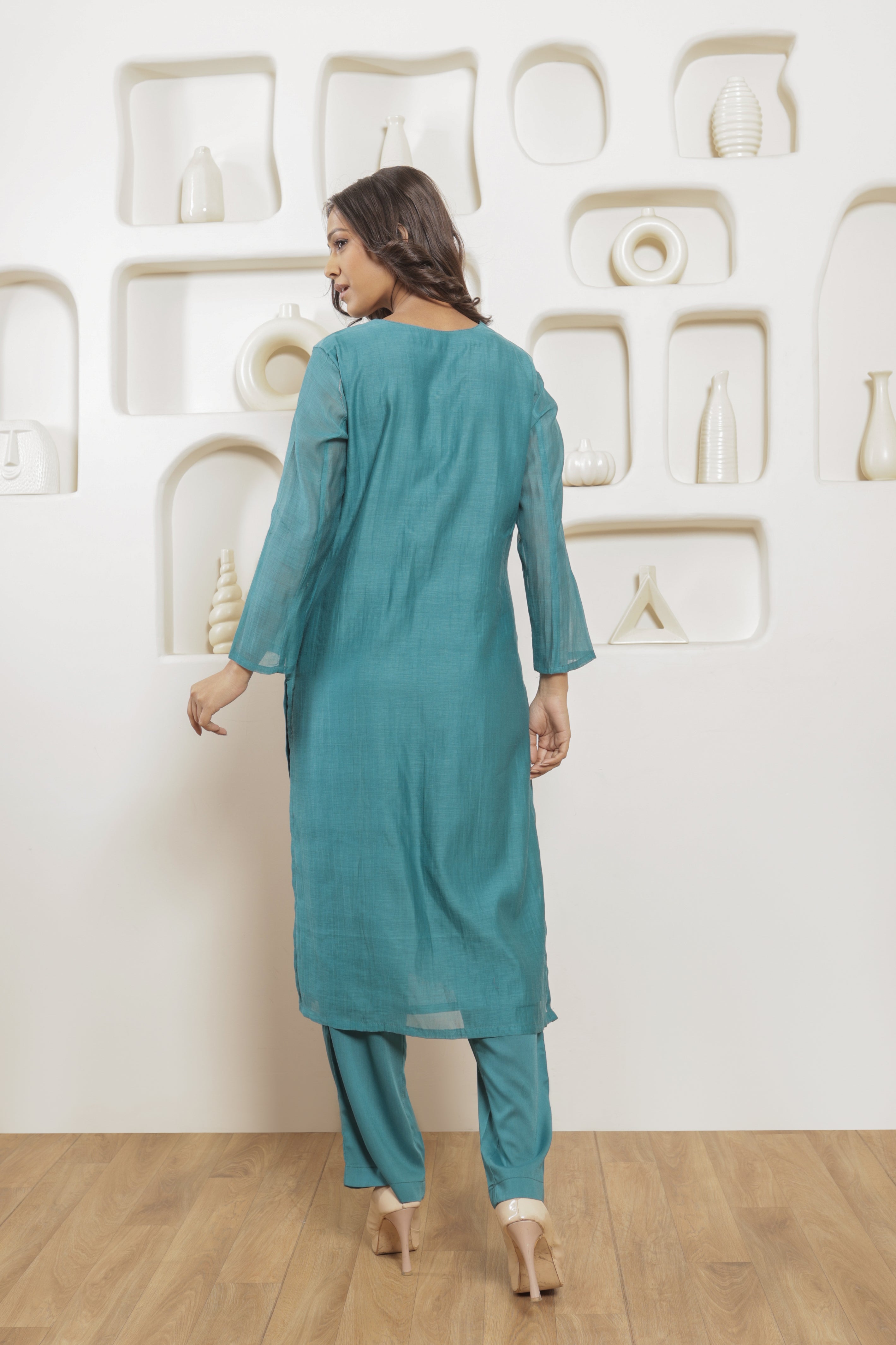 Eshna Pure Mul Chanderi Embroidered Kurta Set with Dupatta - Teal Blue