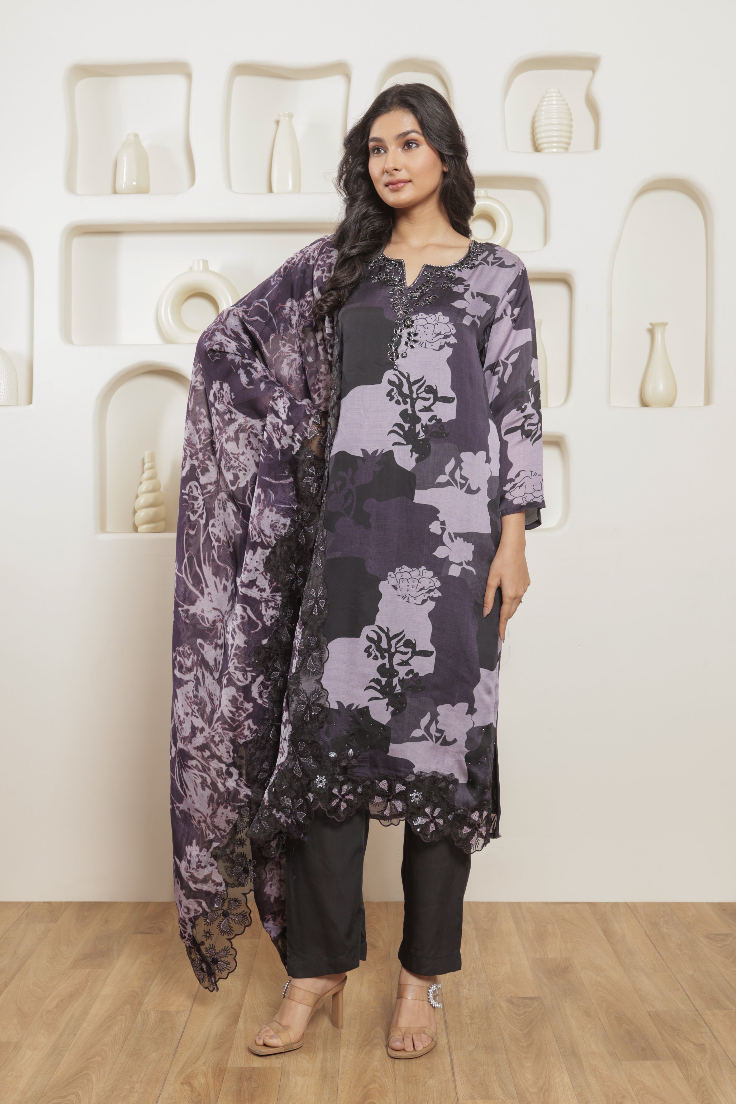 Zareen Pure Organza Satin Printed Kurta Set with Organza Dupatta - Purple & Black