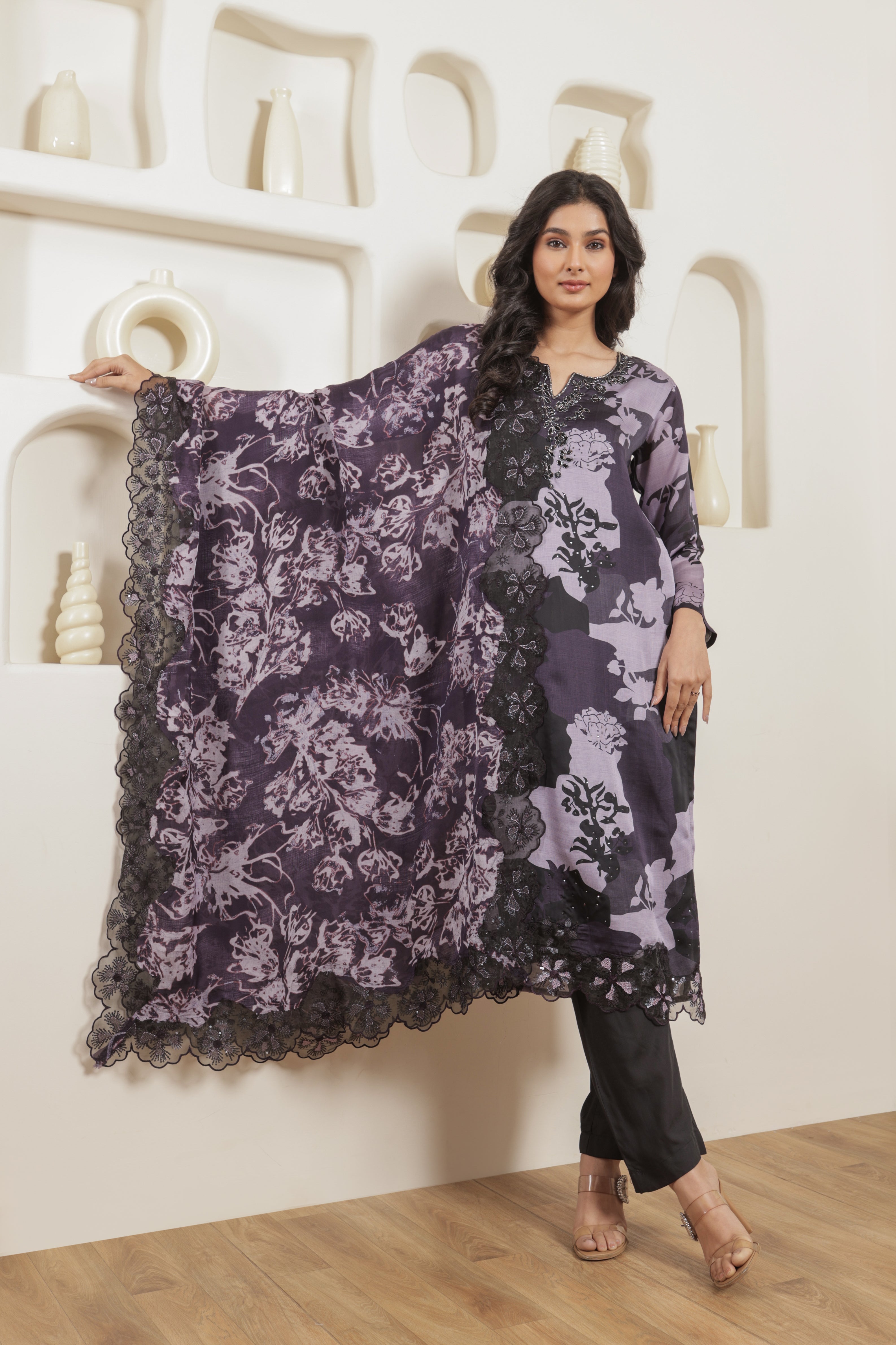 Zareen Pure Organza Satin Printed Kurta Set with Organza Dupatta - Purple & Black