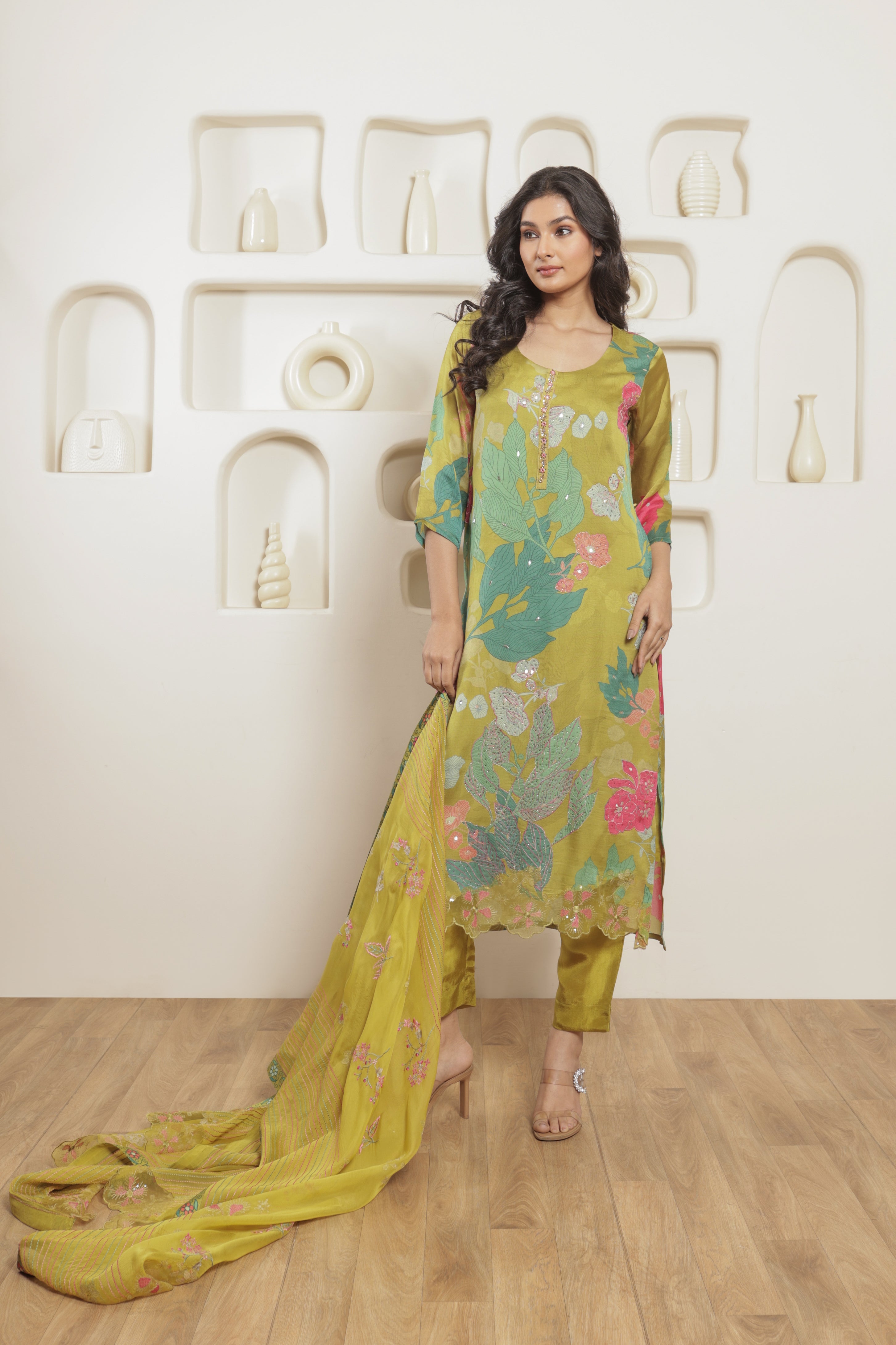 Mehr Pure Organza Satin Printed Kurta Set with Organza Dupatta - Olive Green