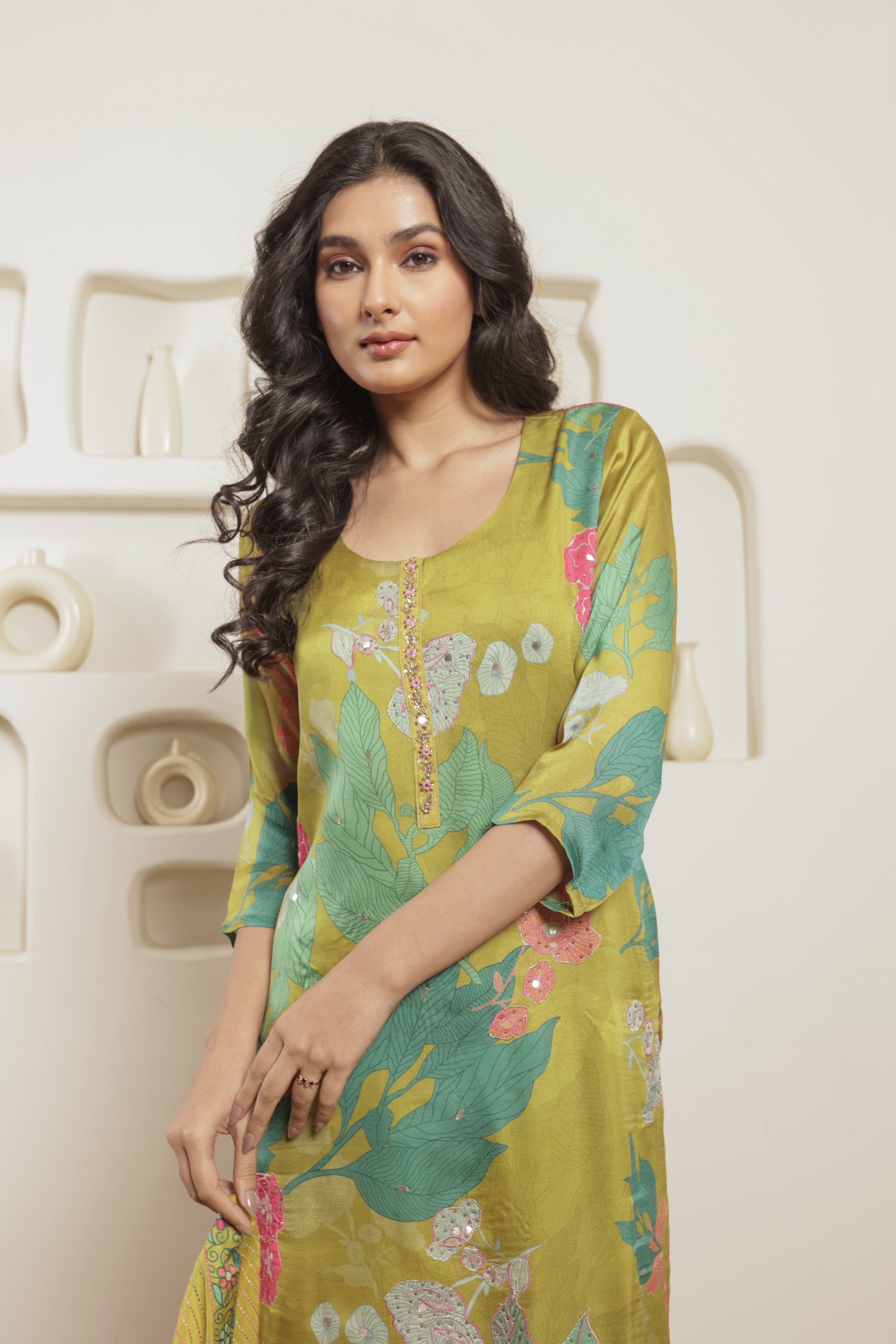 Mehr Pure Organza Satin Printed Kurta Set with Organza Dupatta - Olive Green