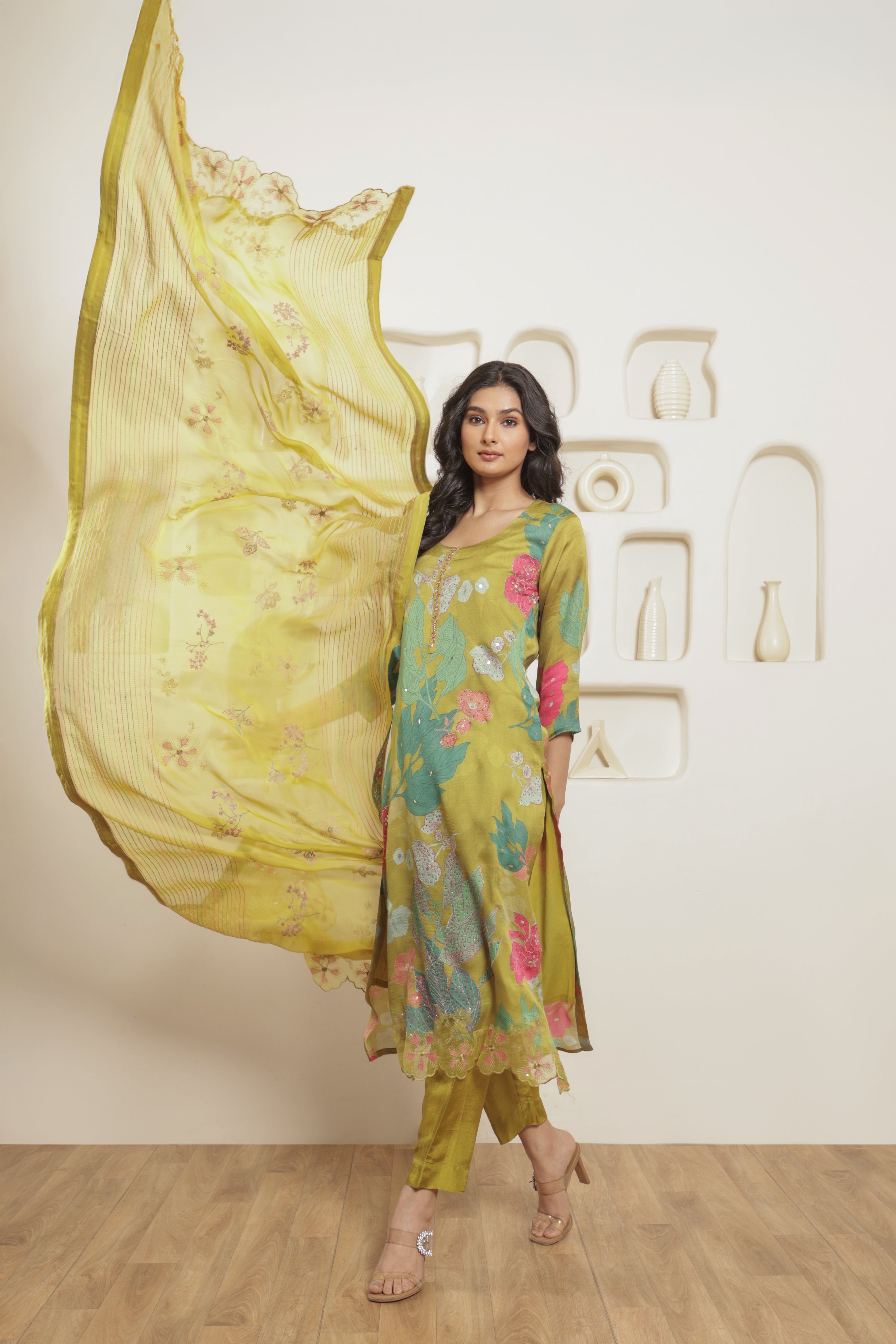 Mehr Pure Organza Satin Printed Kurta Set with Organza Dupatta - Olive Green