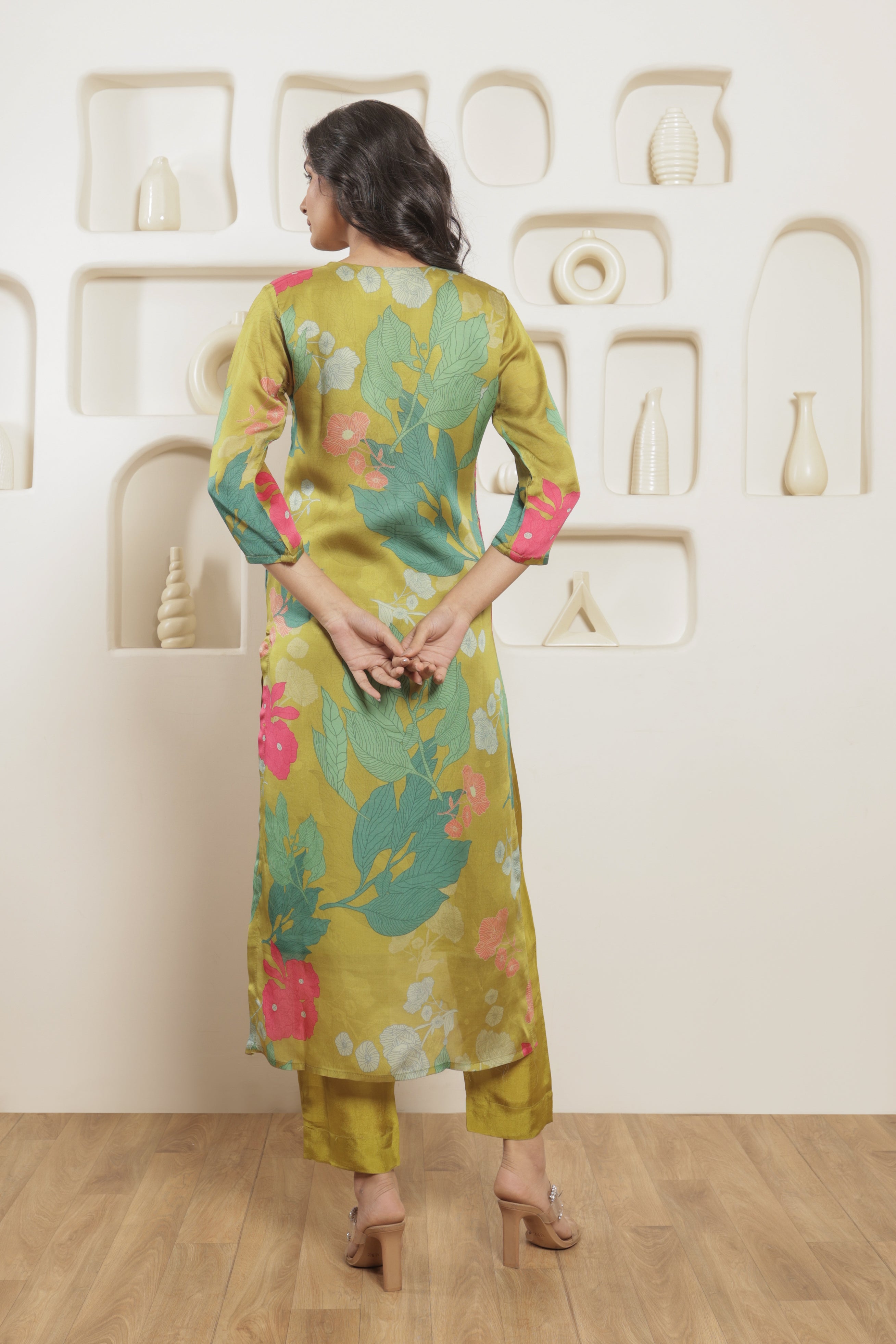 Mehr Pure Organza Satin Printed Kurta Set with Organza Dupatta - Olive Green