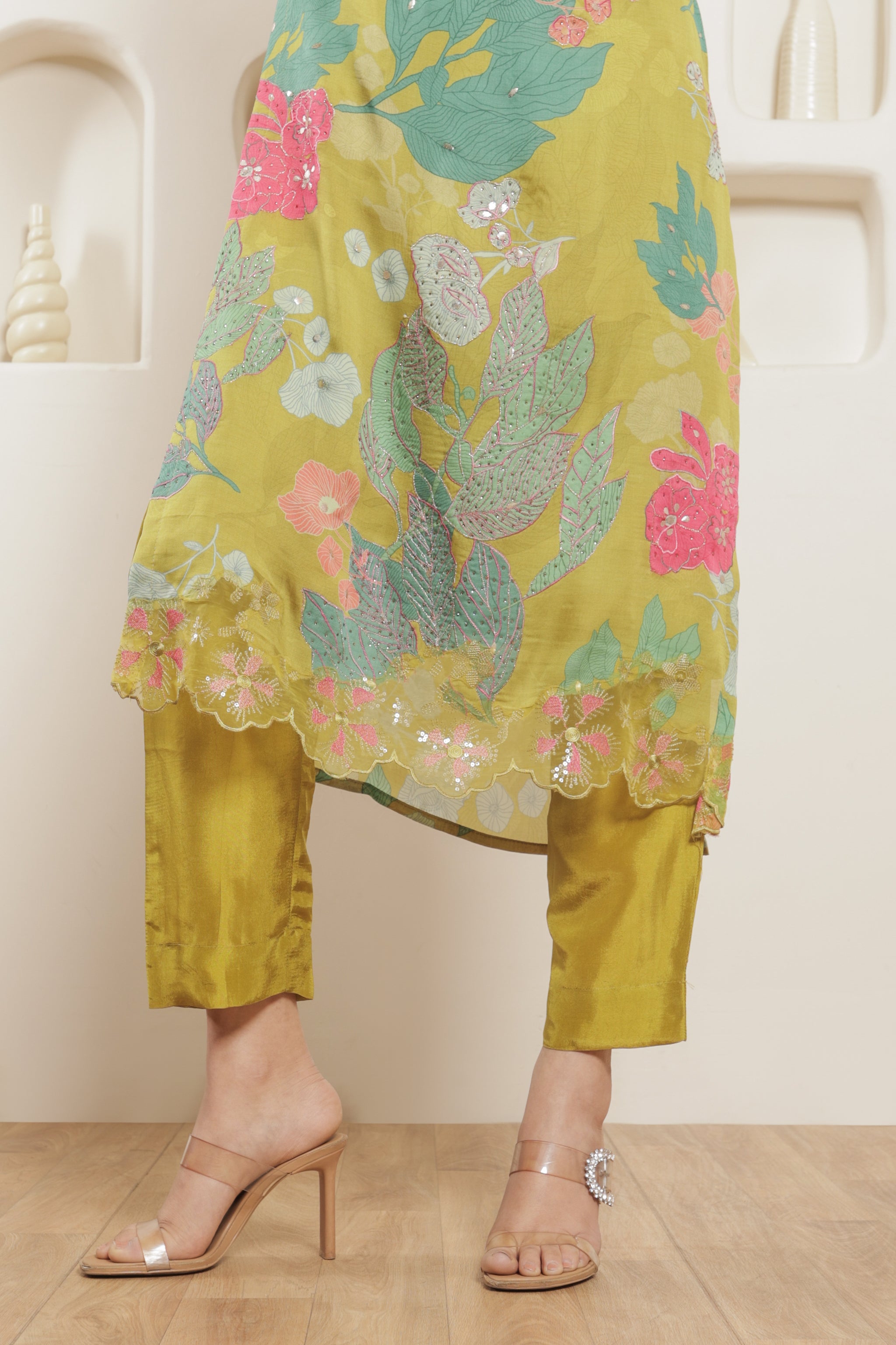 Mehr Pure Organza Satin Printed Kurta Set with Organza Dupatta - Olive Green