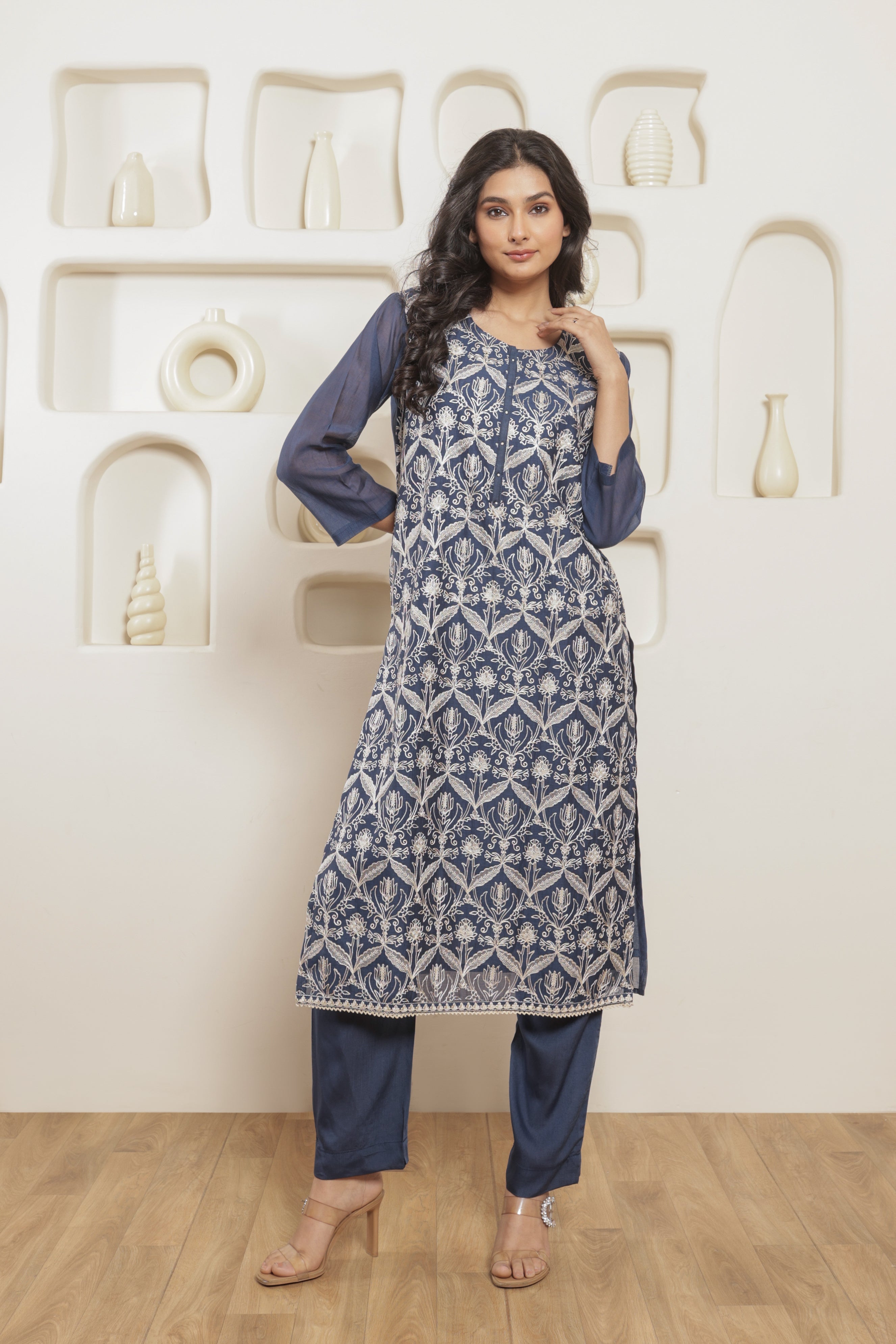 Ira Pure Mul Chanderi Embroidered Kurta Set with Dupatta - Midnight Blue