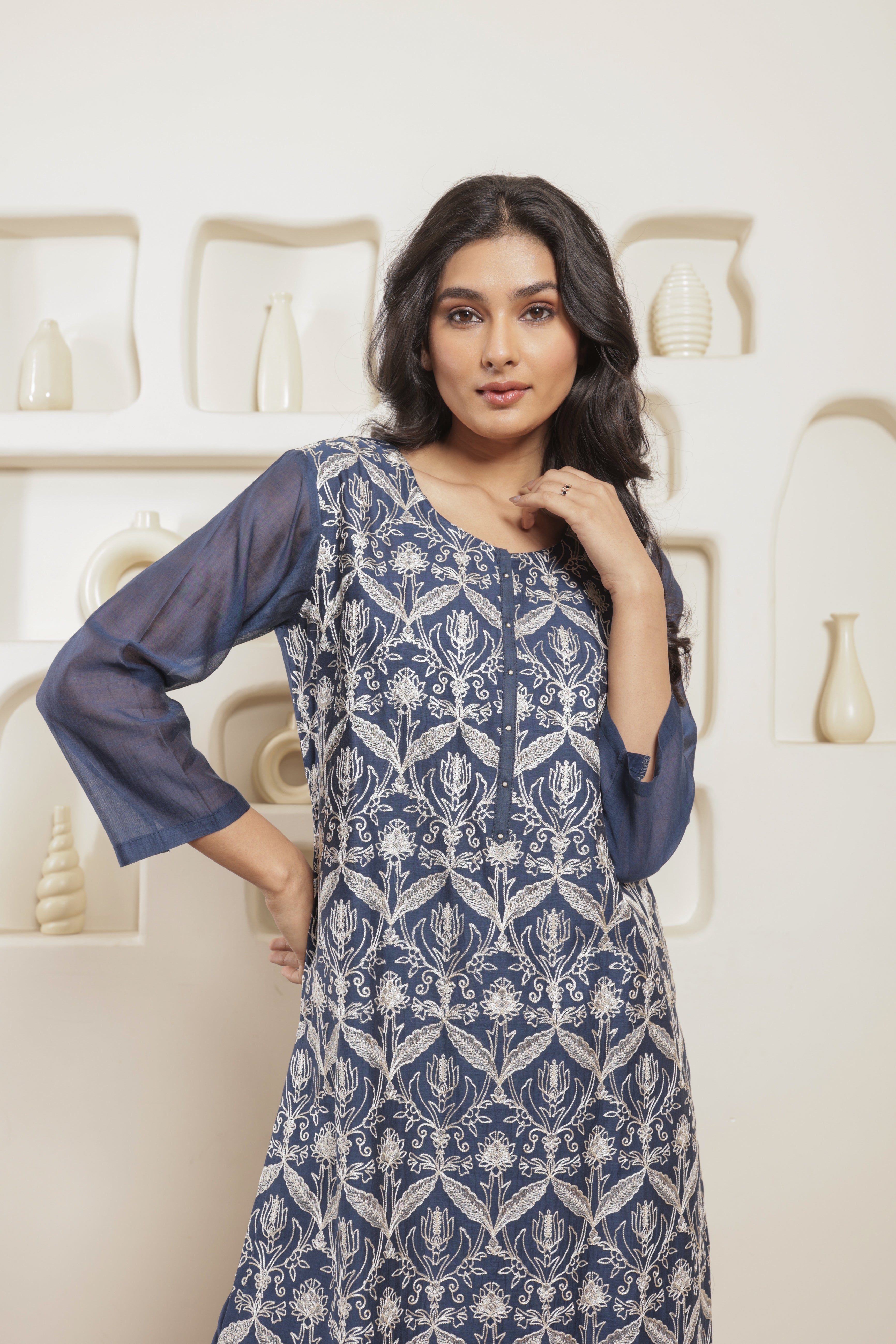 Ira Pure Mul Chanderi Embroidered Kurta Set with Dupatta - Midnight Blue