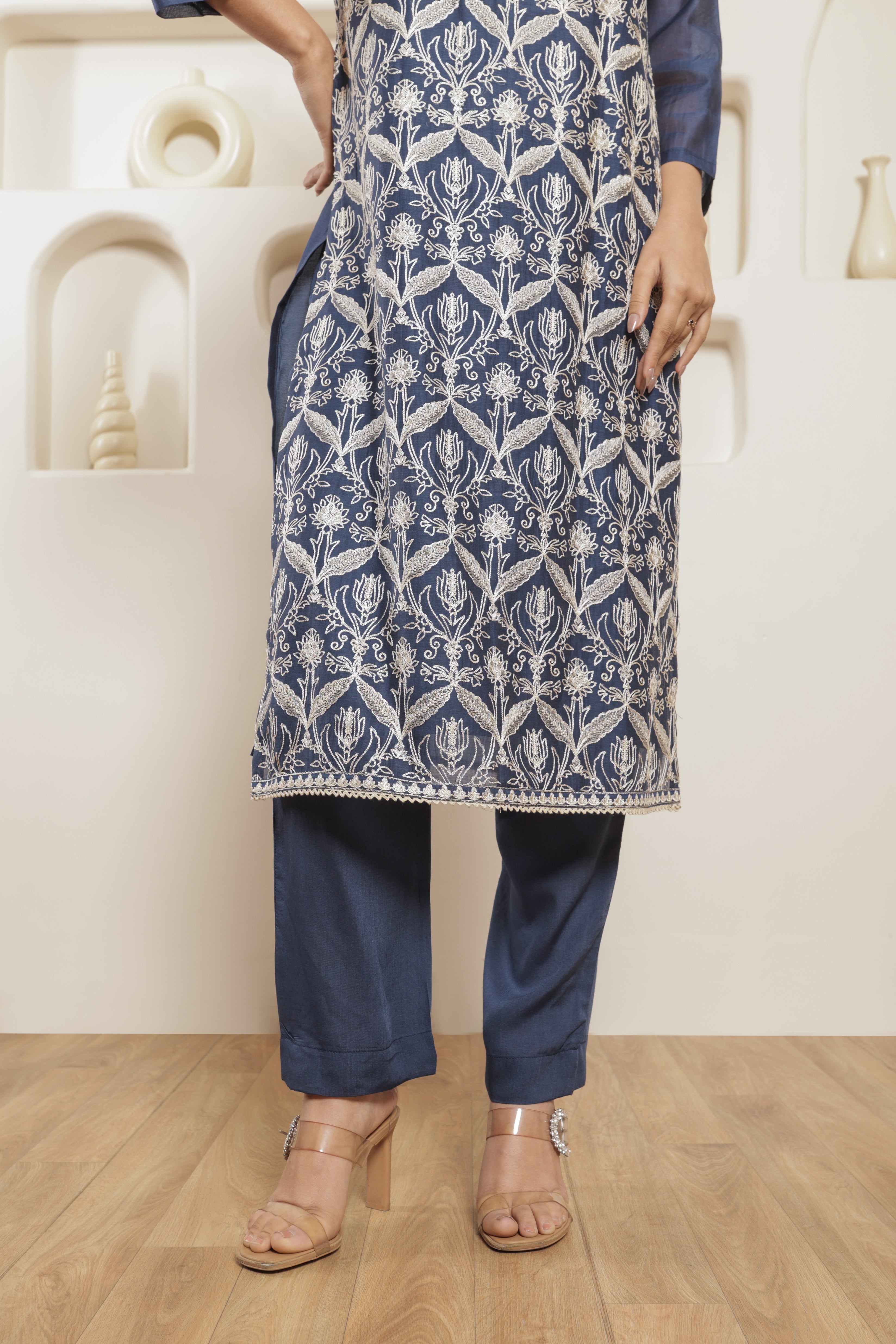 Ira Pure Mul Chanderi Embroidered Kurta Set with Dupatta - Midnight Blue