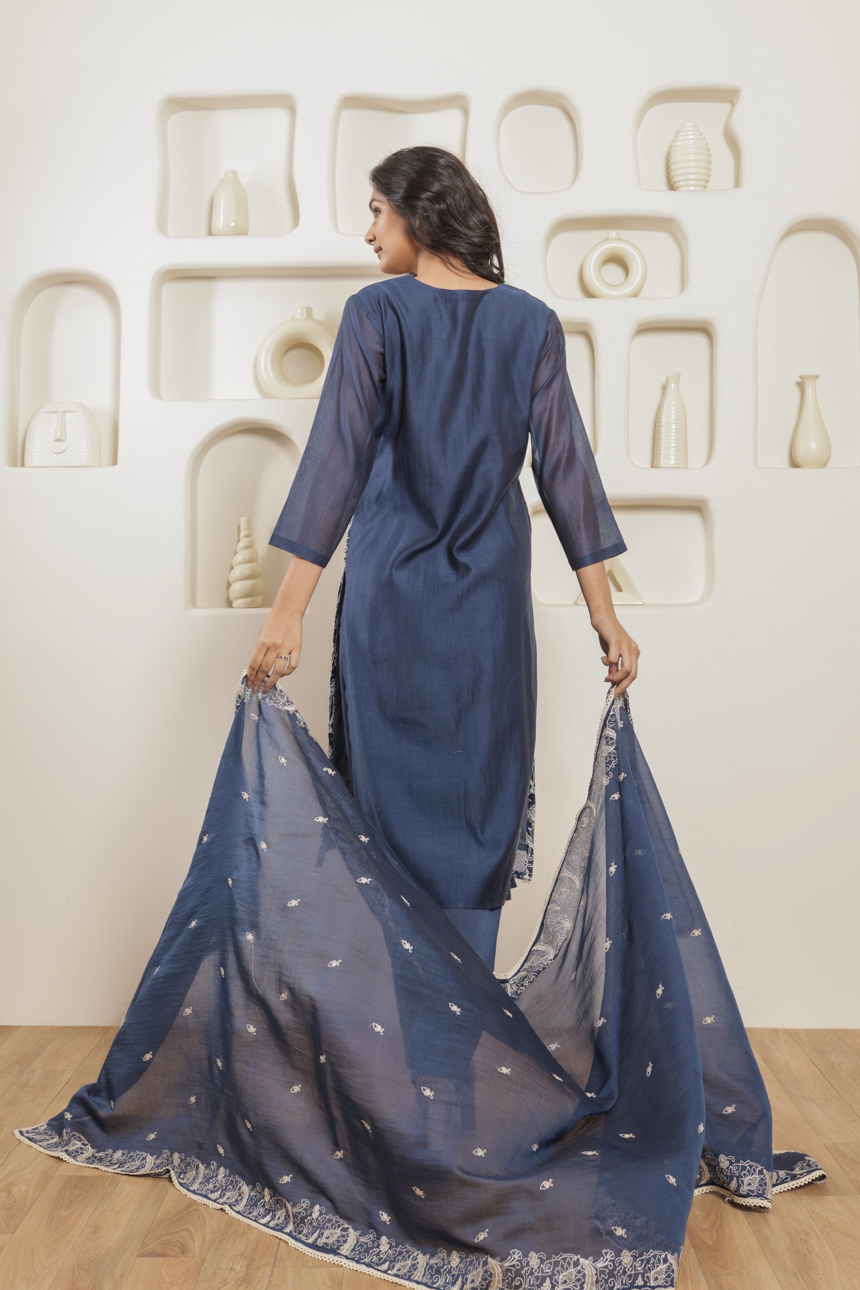 Ira Pure Mul Chanderi Embroidered Kurta Set with Dupatta - Midnight Blue
