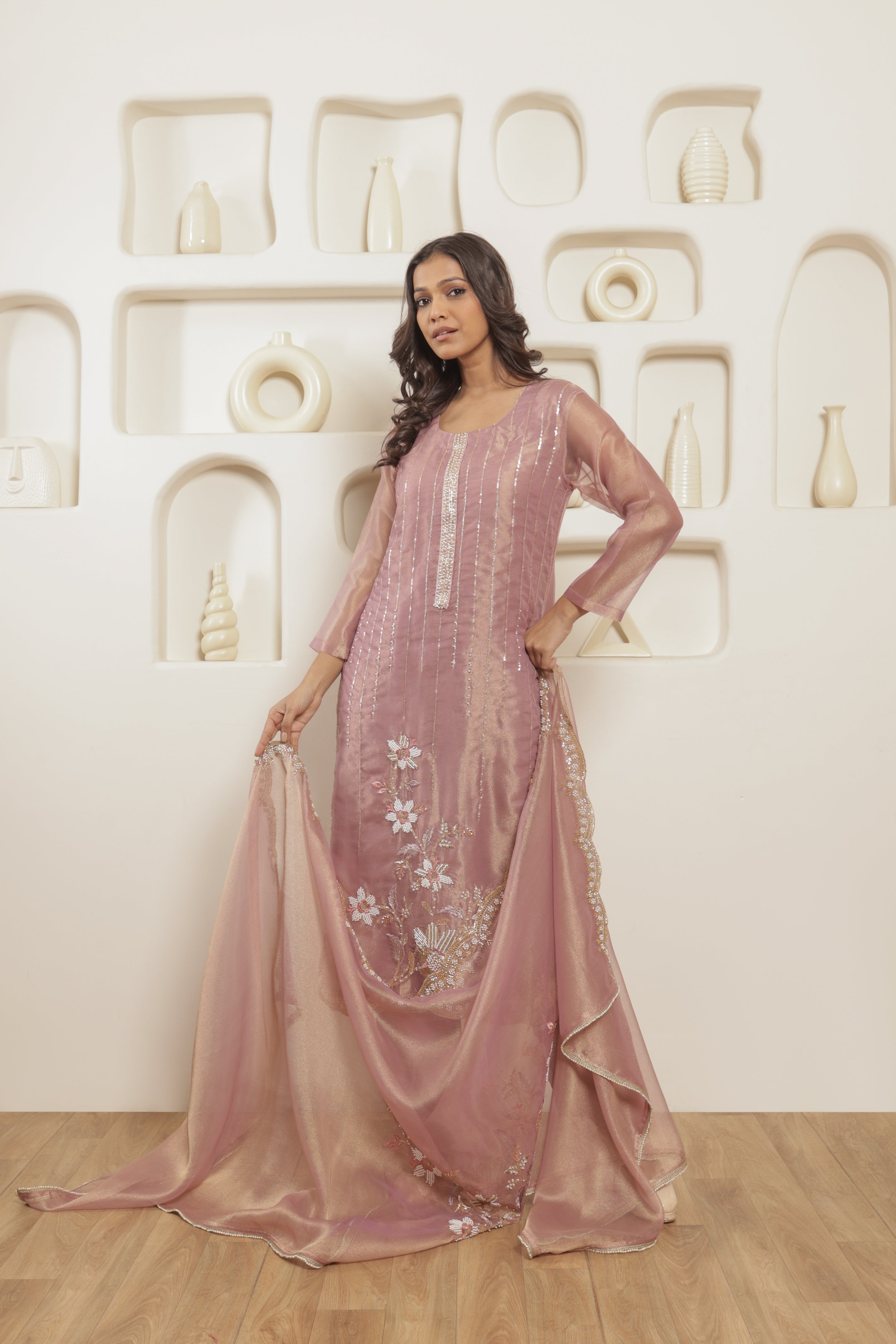 Alezia Tissue Embroidered Kurta Set with Dupatta - Blush Pink