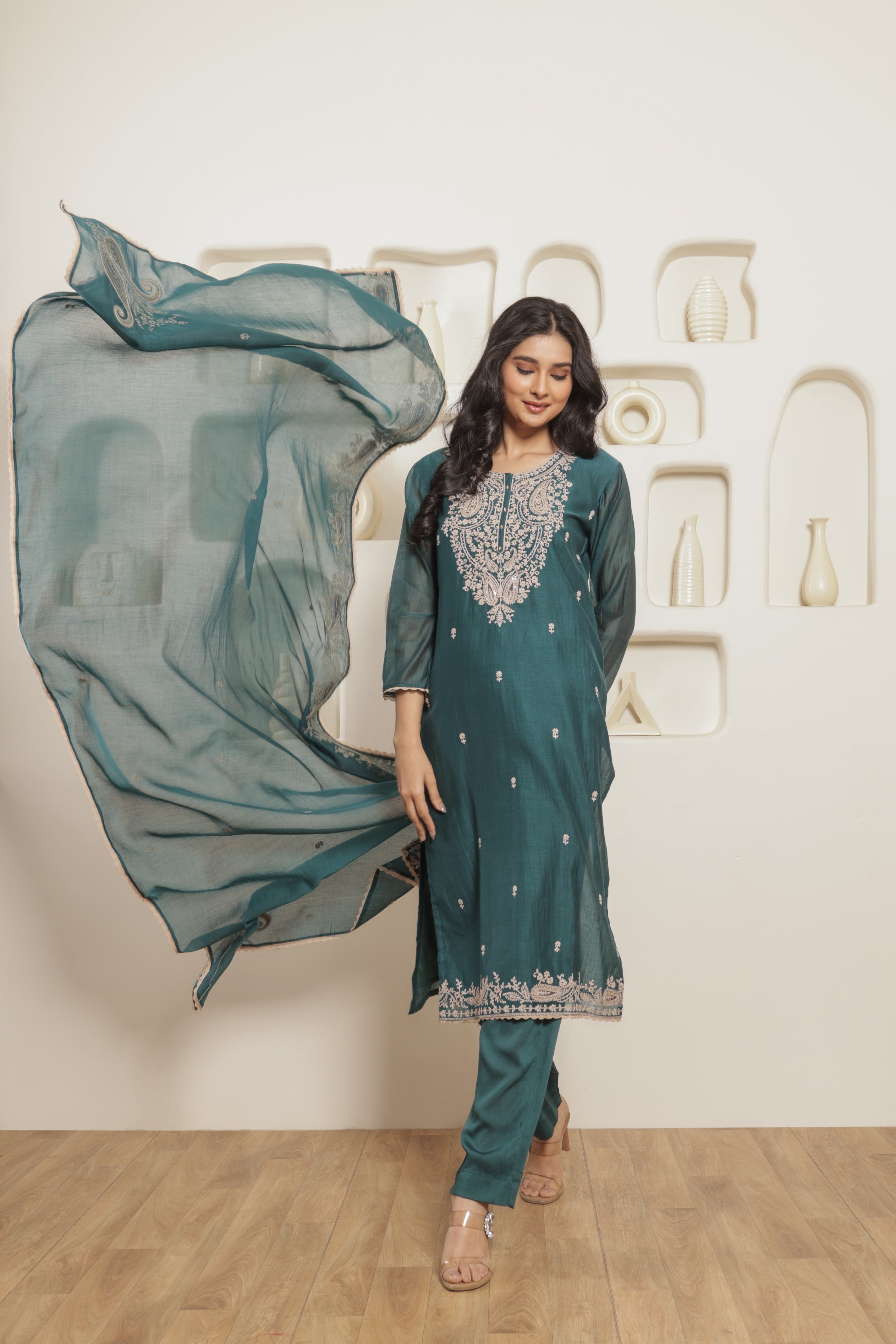 Tara Pure Mul Chanderi Embroidered Kurta Set with Dupatta - Deep Teal