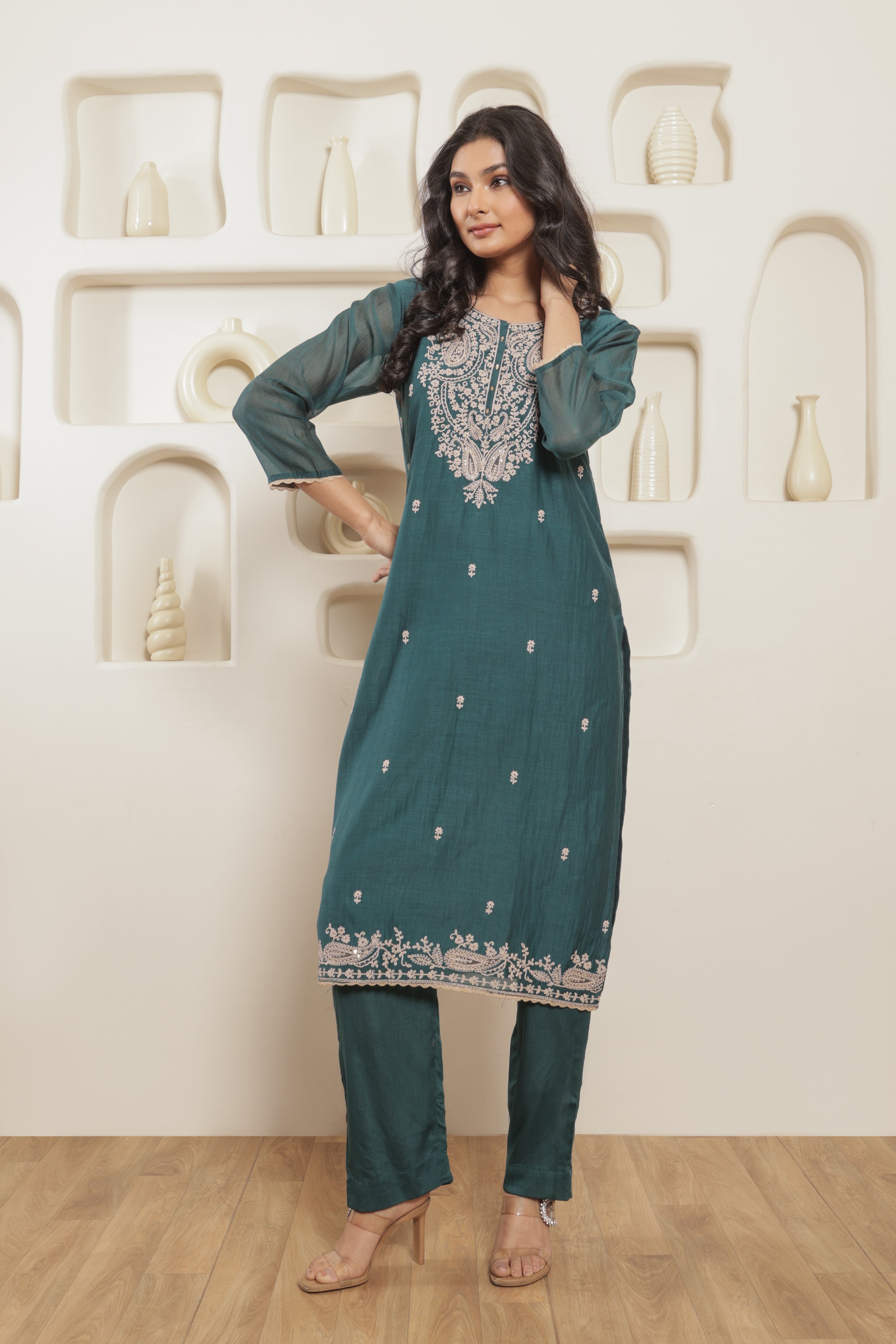 Tara Pure Mul Chanderi Embroidered Kurta Set with Dupatta - Deep Teal