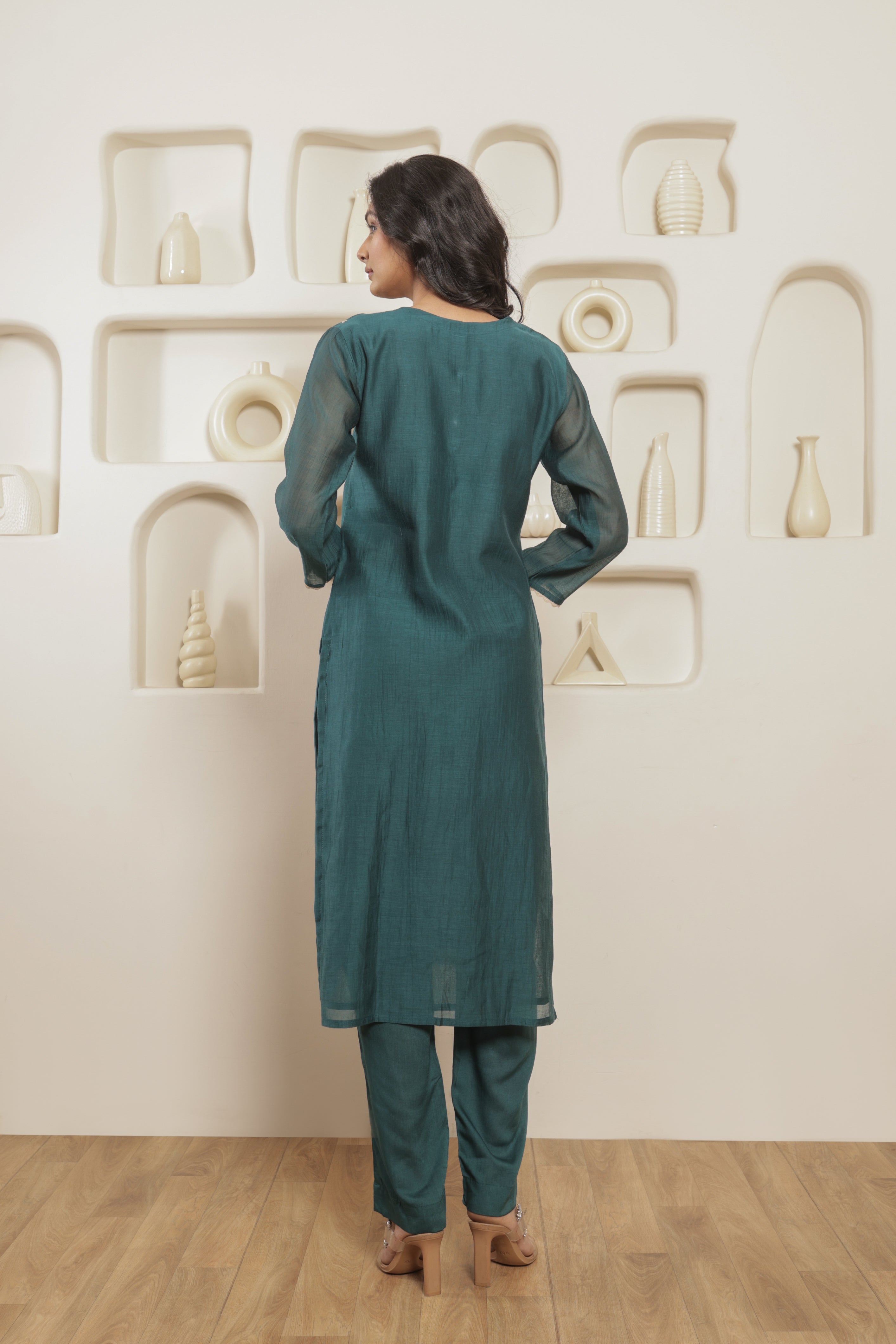 Tara Pure Mul Chanderi Embroidered Kurta Set with Dupatta - Deep Teal