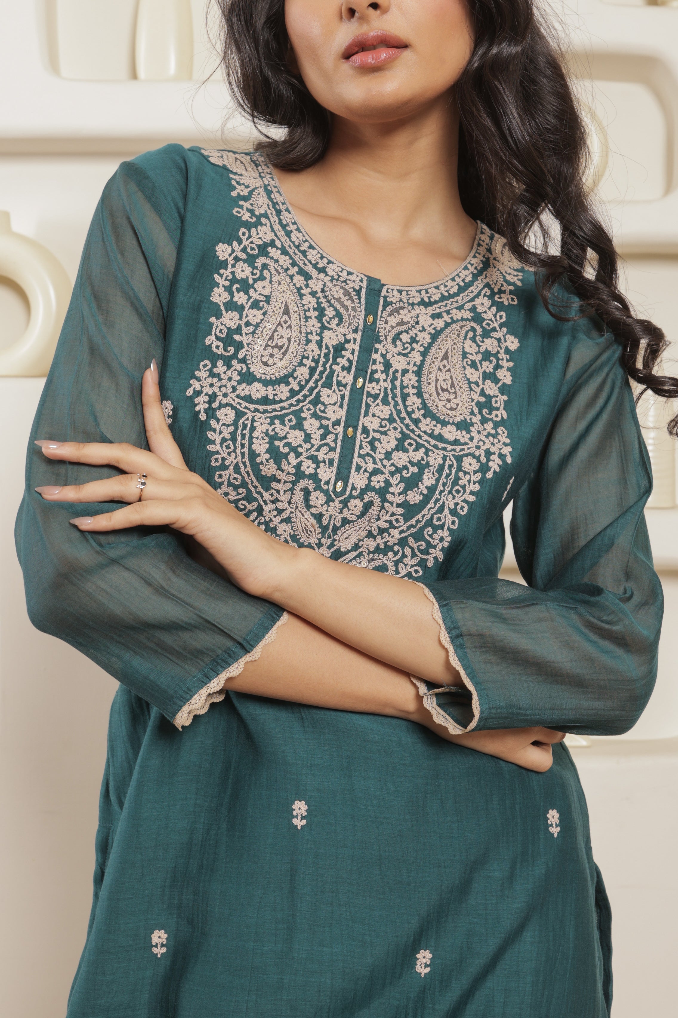 Tara Pure Mul Chanderi Embroidered Kurta Set with Dupatta - Deep Teal