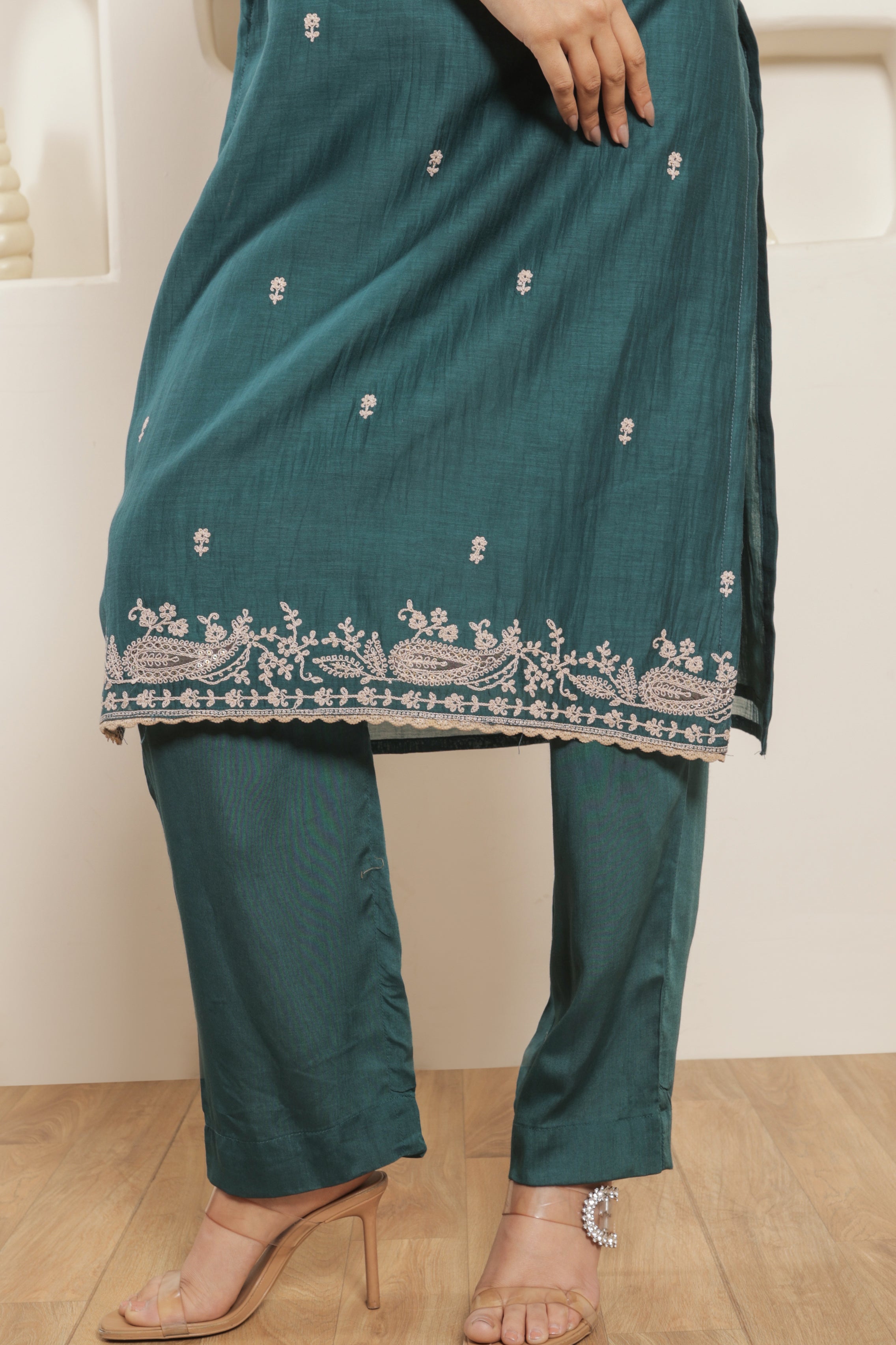 Tara Pure Mul Chanderi Embroidered Kurta Set with Dupatta - Deep Teal
