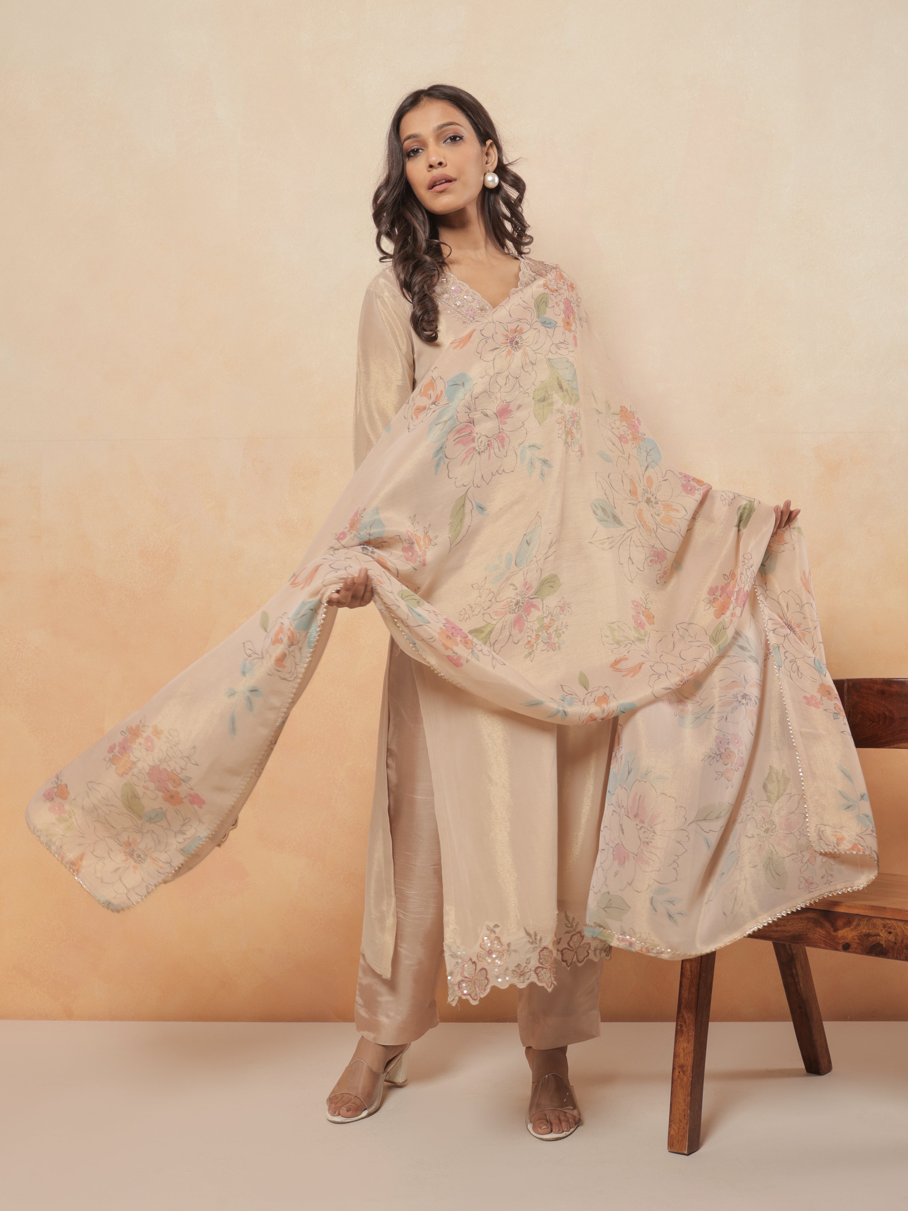 Zarina Tissue Printed Kurta Set with Dupatta - Champagne Gold