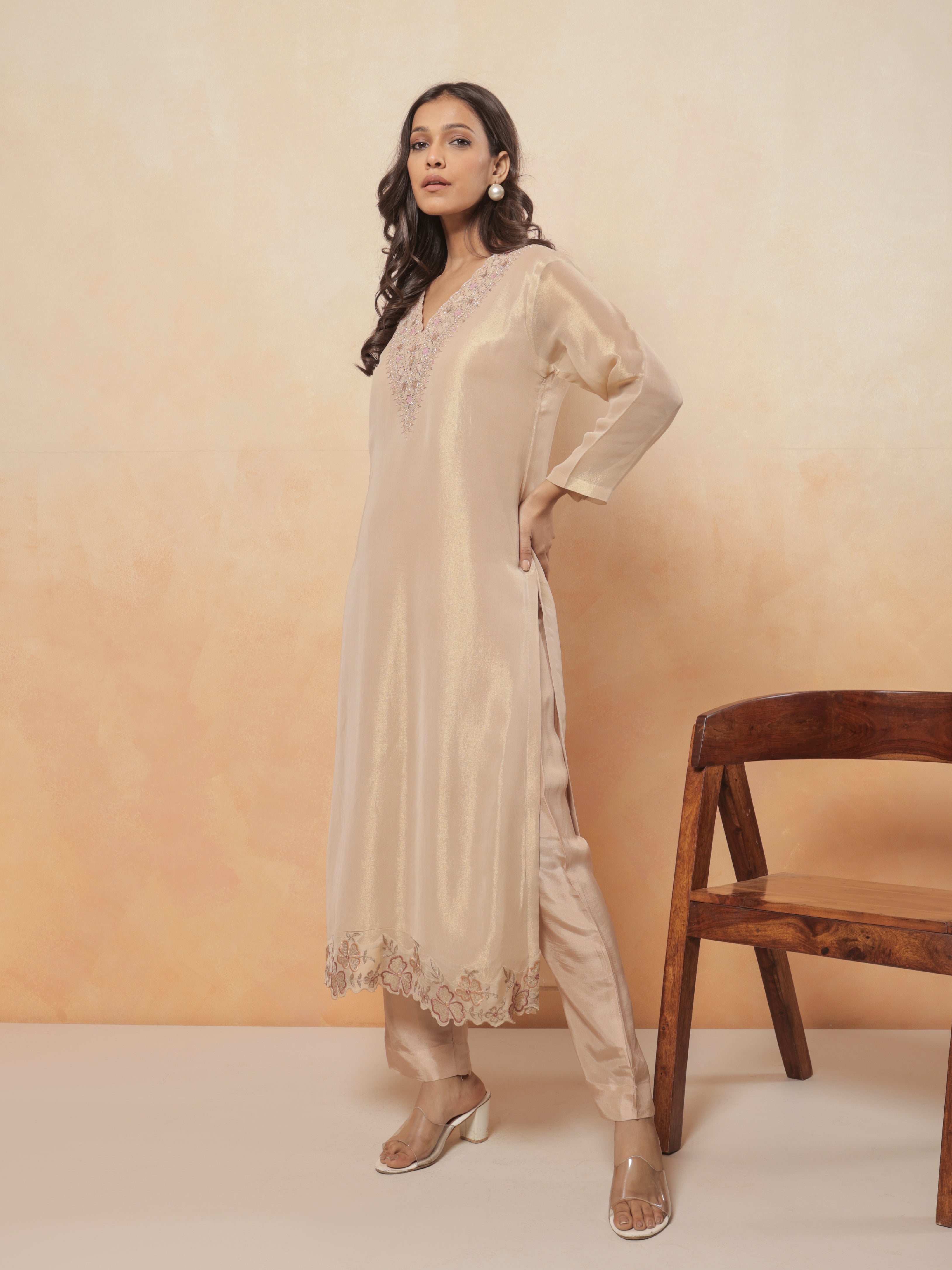 Zarina Tissue Printed Kurta Set with Dupatta - Champagne Gold