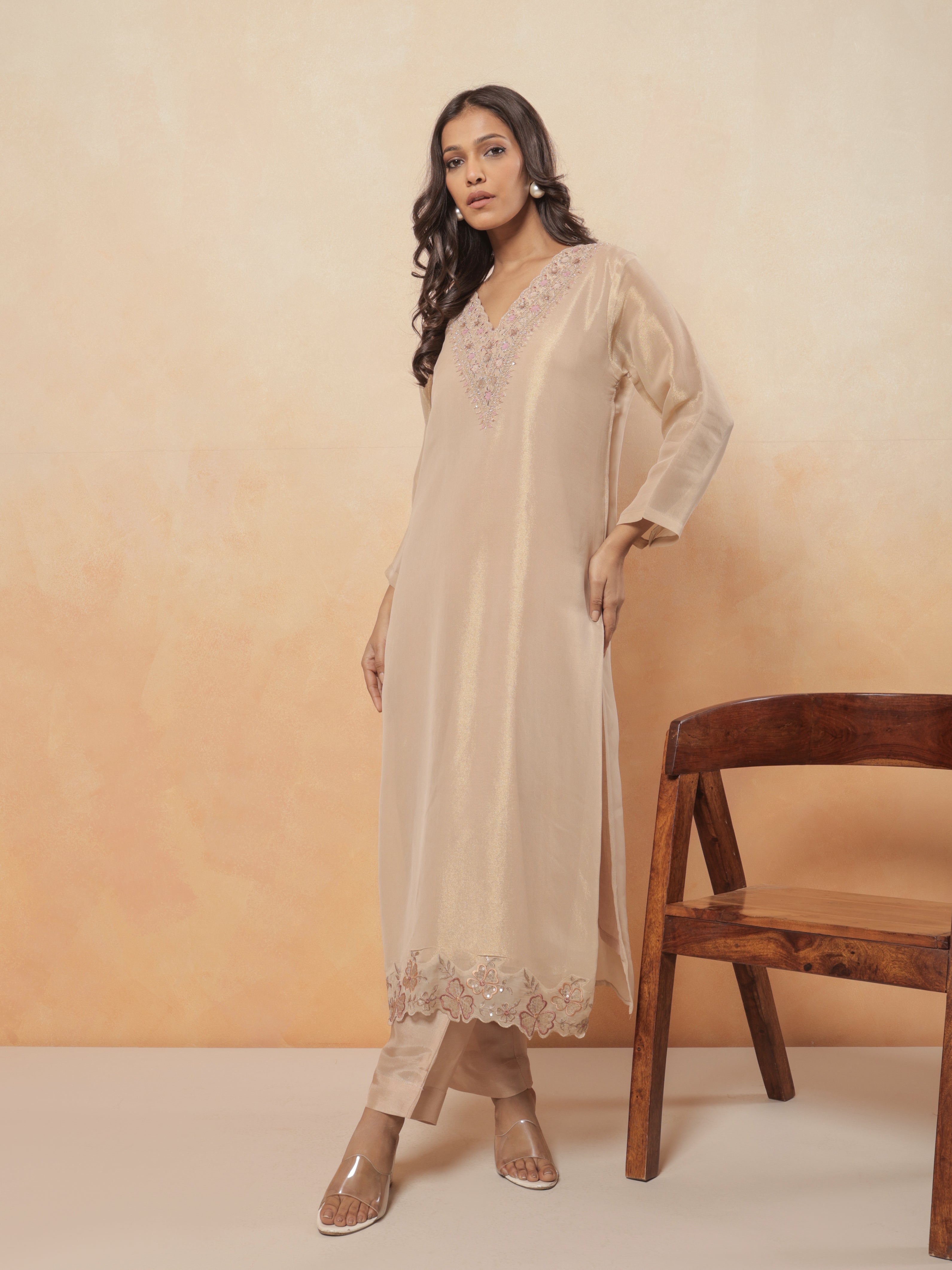 Zarina Tissue Printed Kurta Set with Dupatta - Champagne Gold