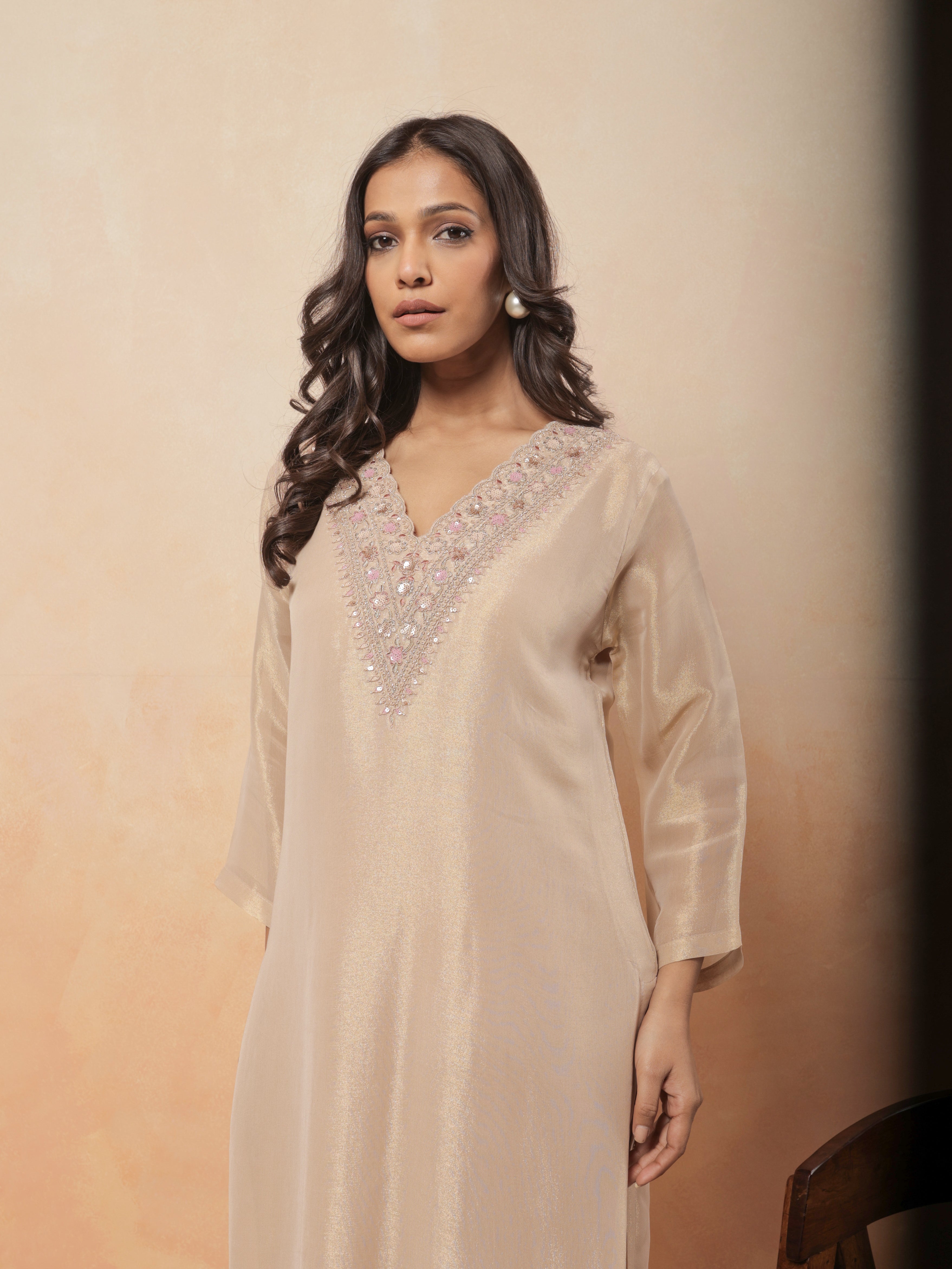 Zarina Tissue Printed Kurta Set with Dupatta - Champagne Gold