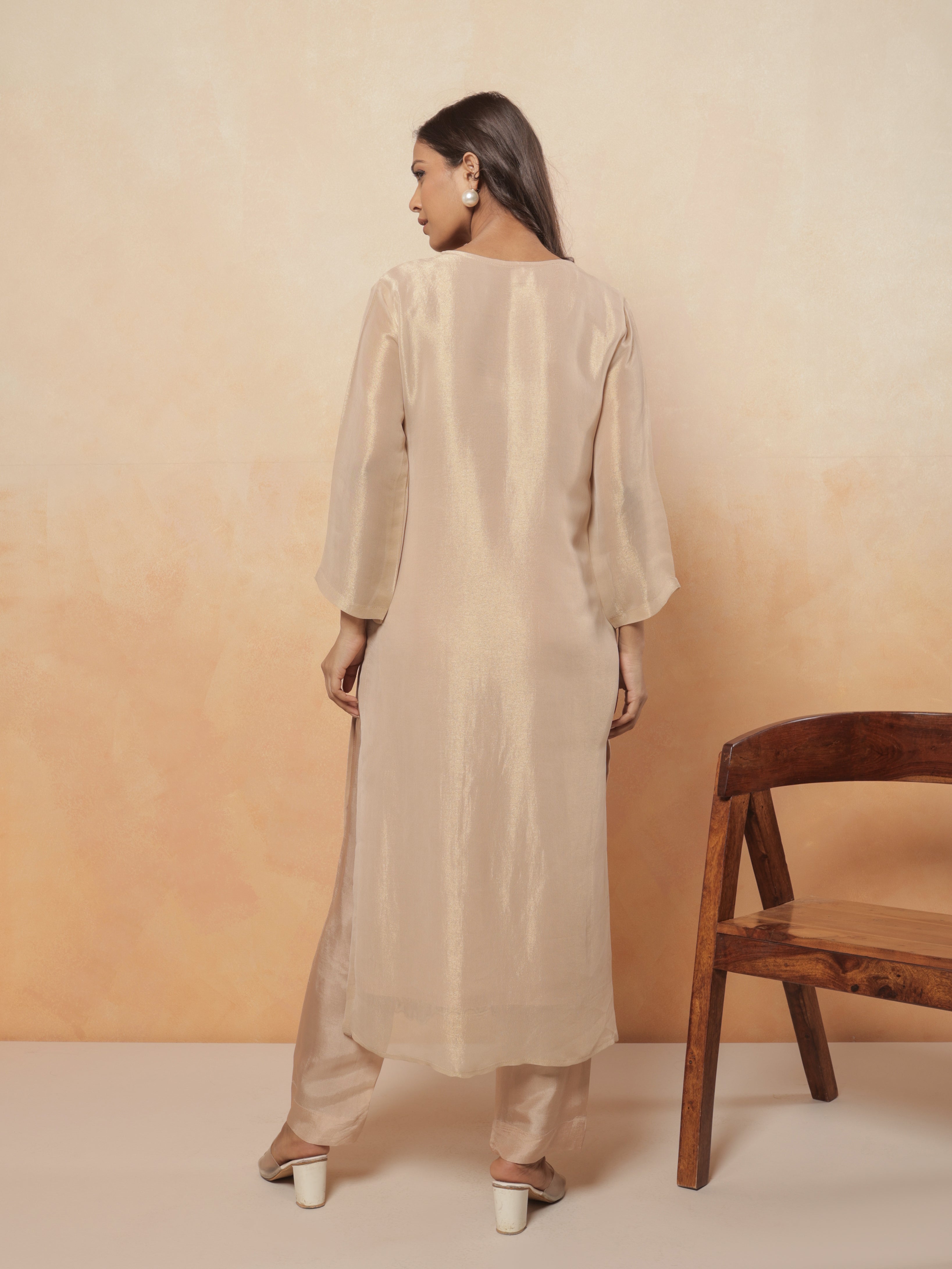 Zarina Tissue Printed Kurta Set with Dupatta - Champagne Gold