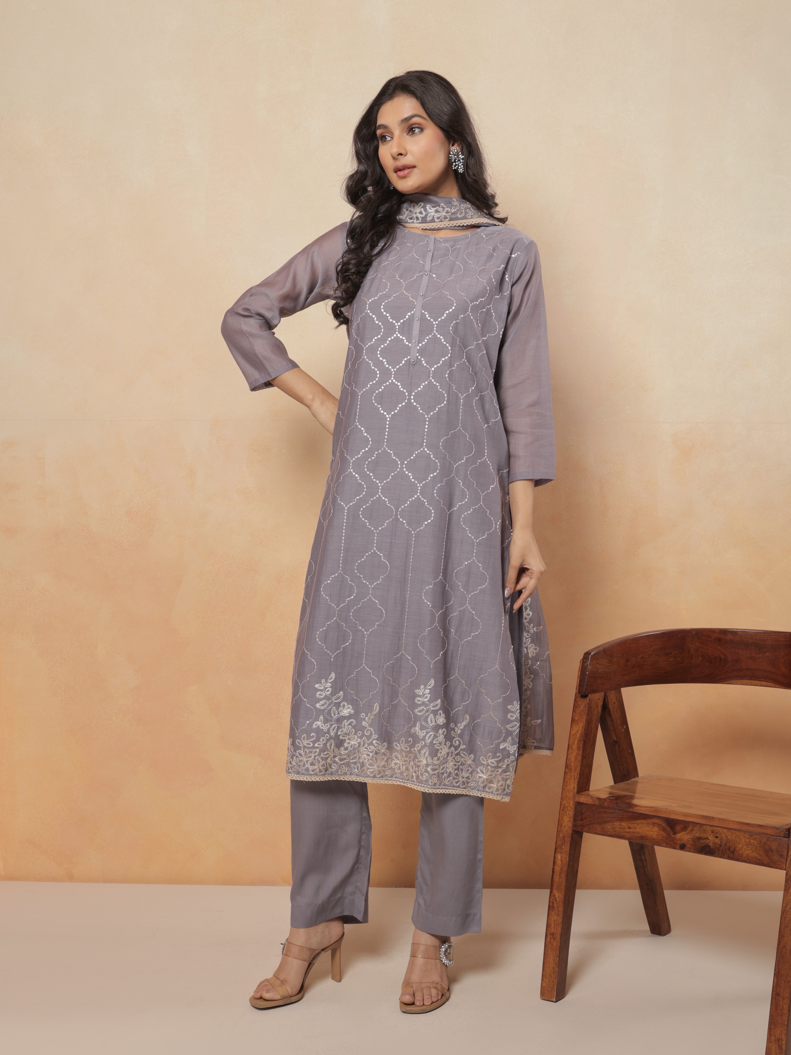 Ziya Pure Mul Chanderi Embroidered Kurta Set with Dupatta - Slate Grey