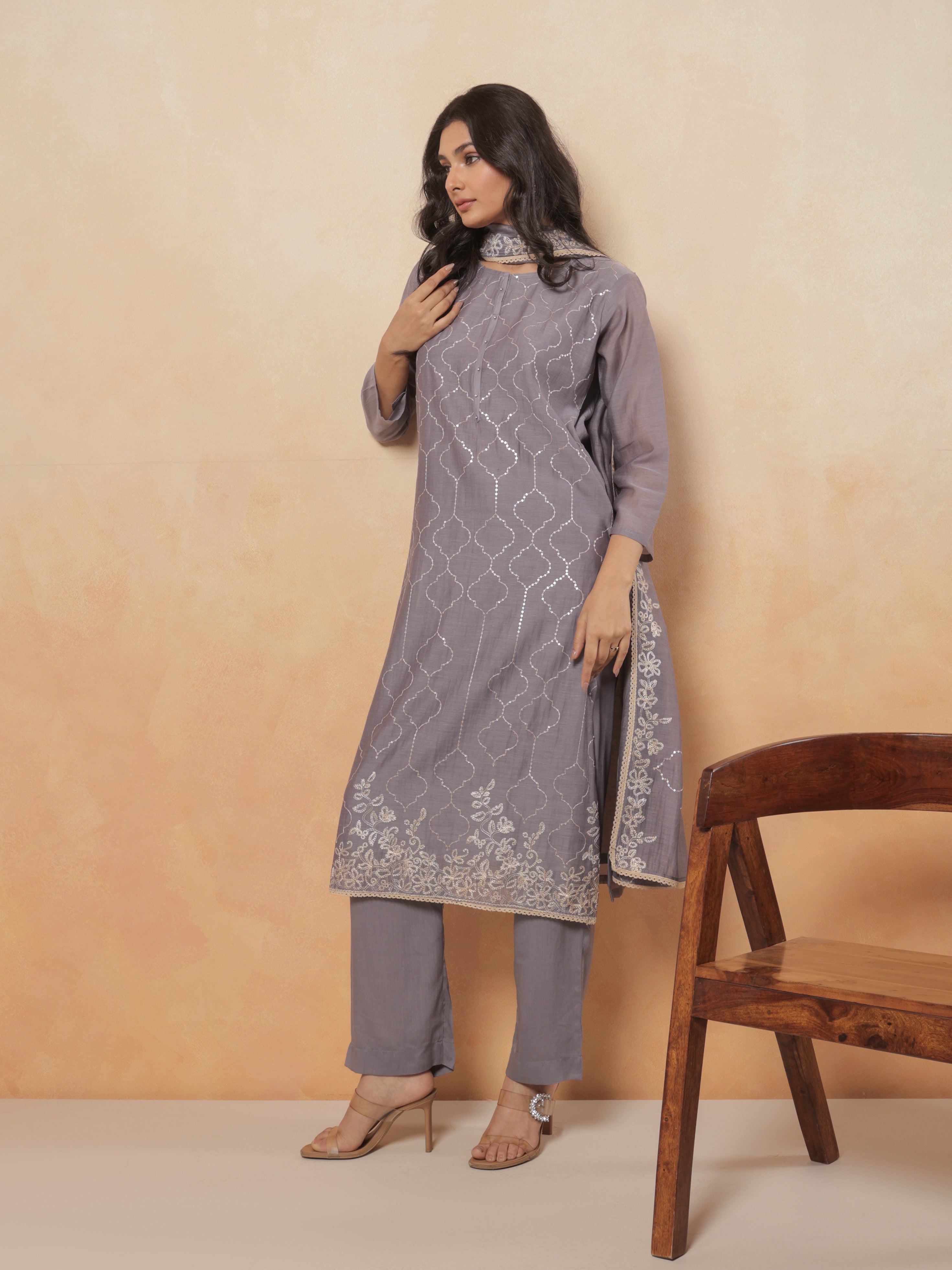 Ziya Pure Mul Chanderi Embroidered Kurta Set with Dupatta - Slate Grey
