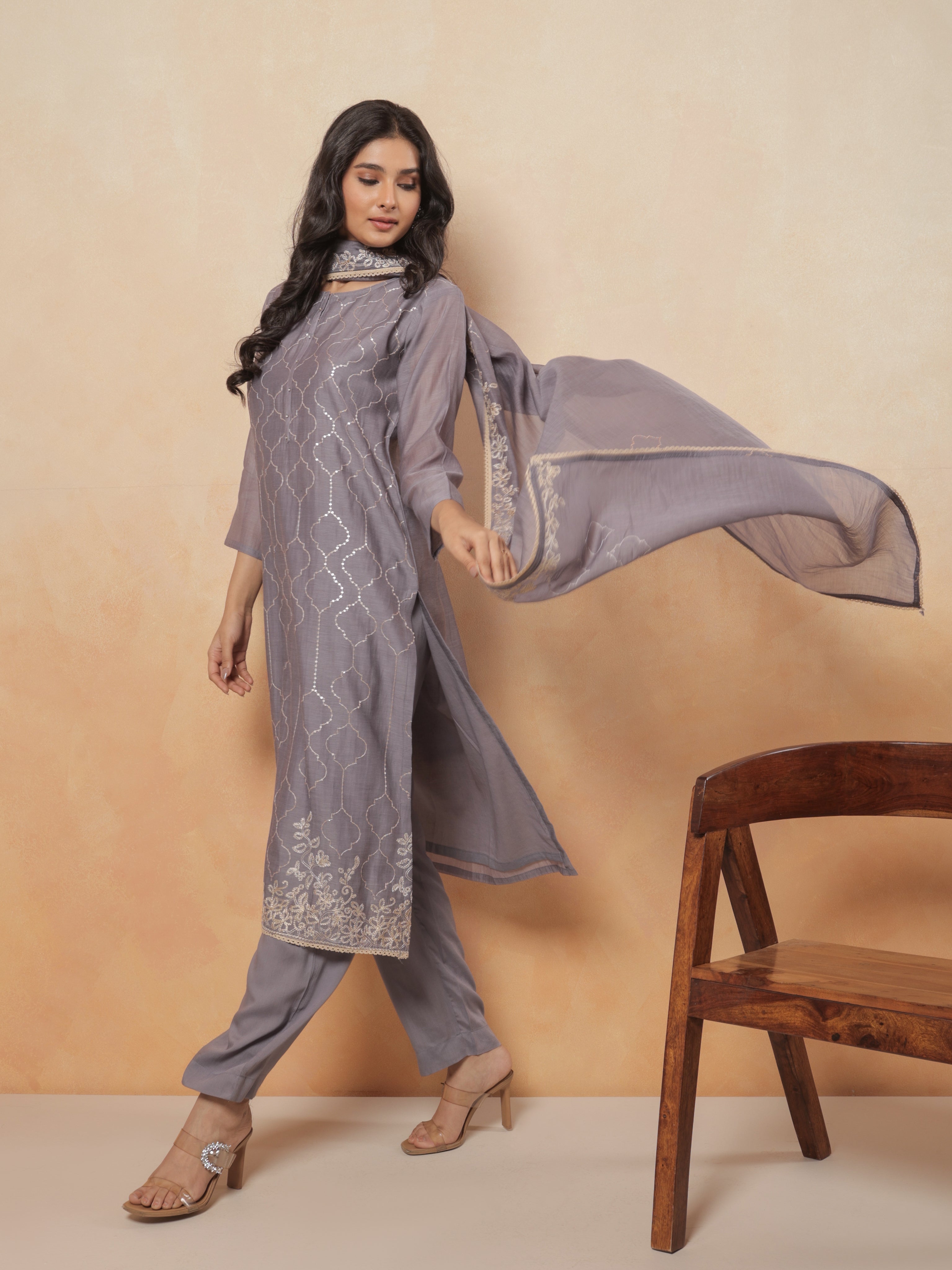 Ziya Pure Mul Chanderi Embroidered Kurta Set with Dupatta - Slate Grey