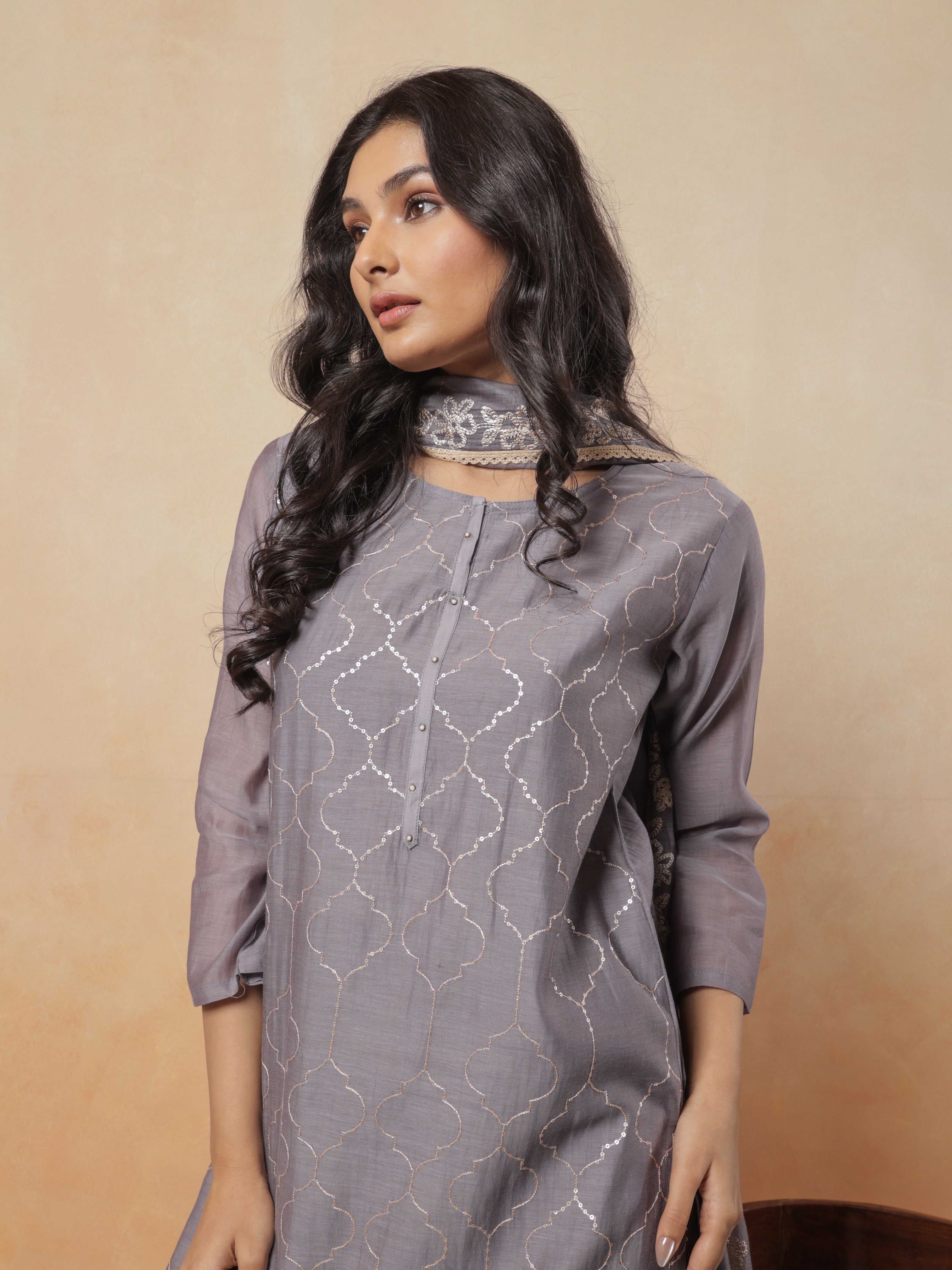 Ziya Pure Mul Chanderi Embroidered Kurta Set with Dupatta - Slate Grey