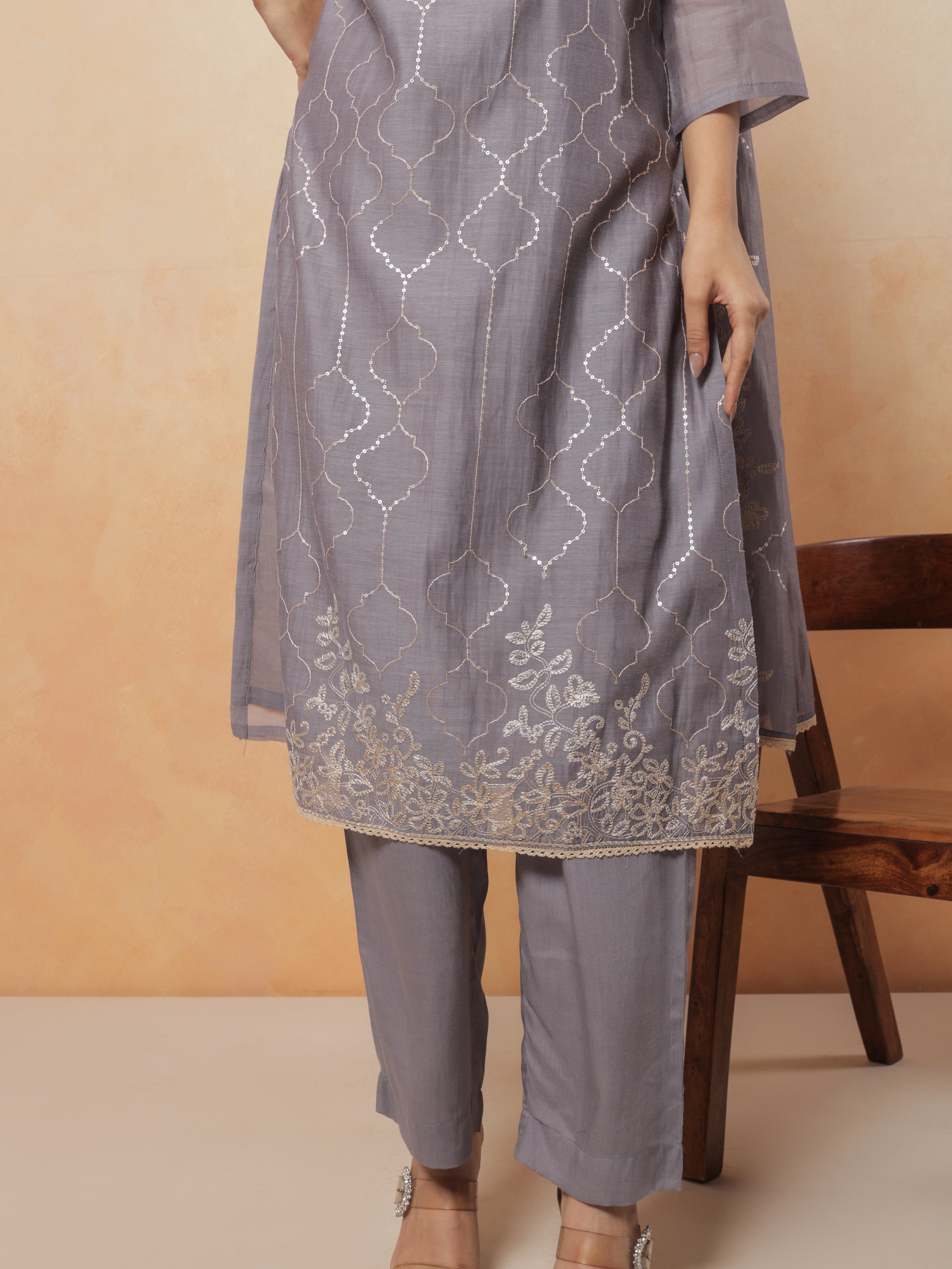 Ziya Pure Mul Chanderi Embroidered Kurta Set with Dupatta - Slate Grey