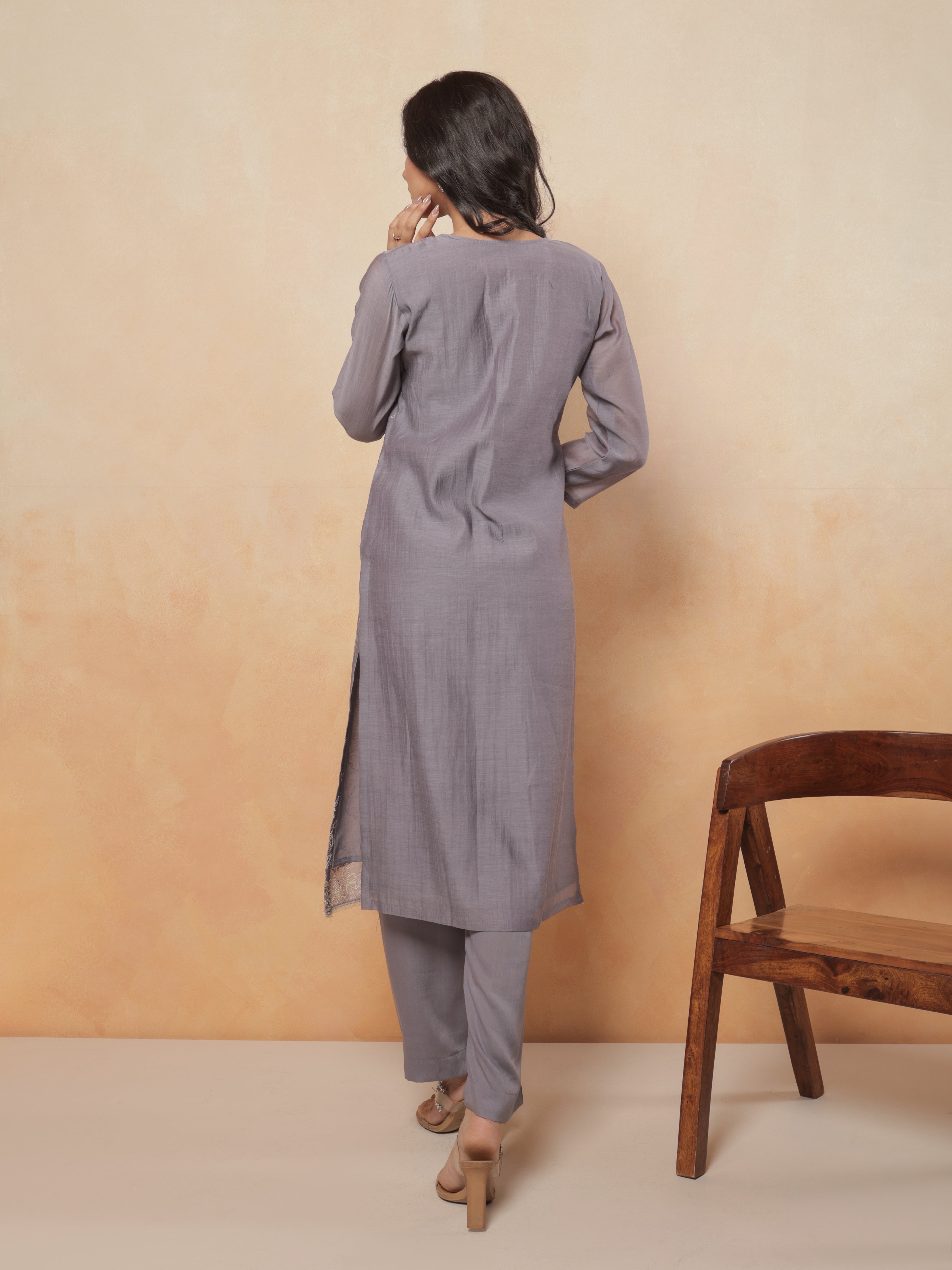 Ziya Pure Mul Chanderi Embroidered Kurta Set with Dupatta - Slate Grey