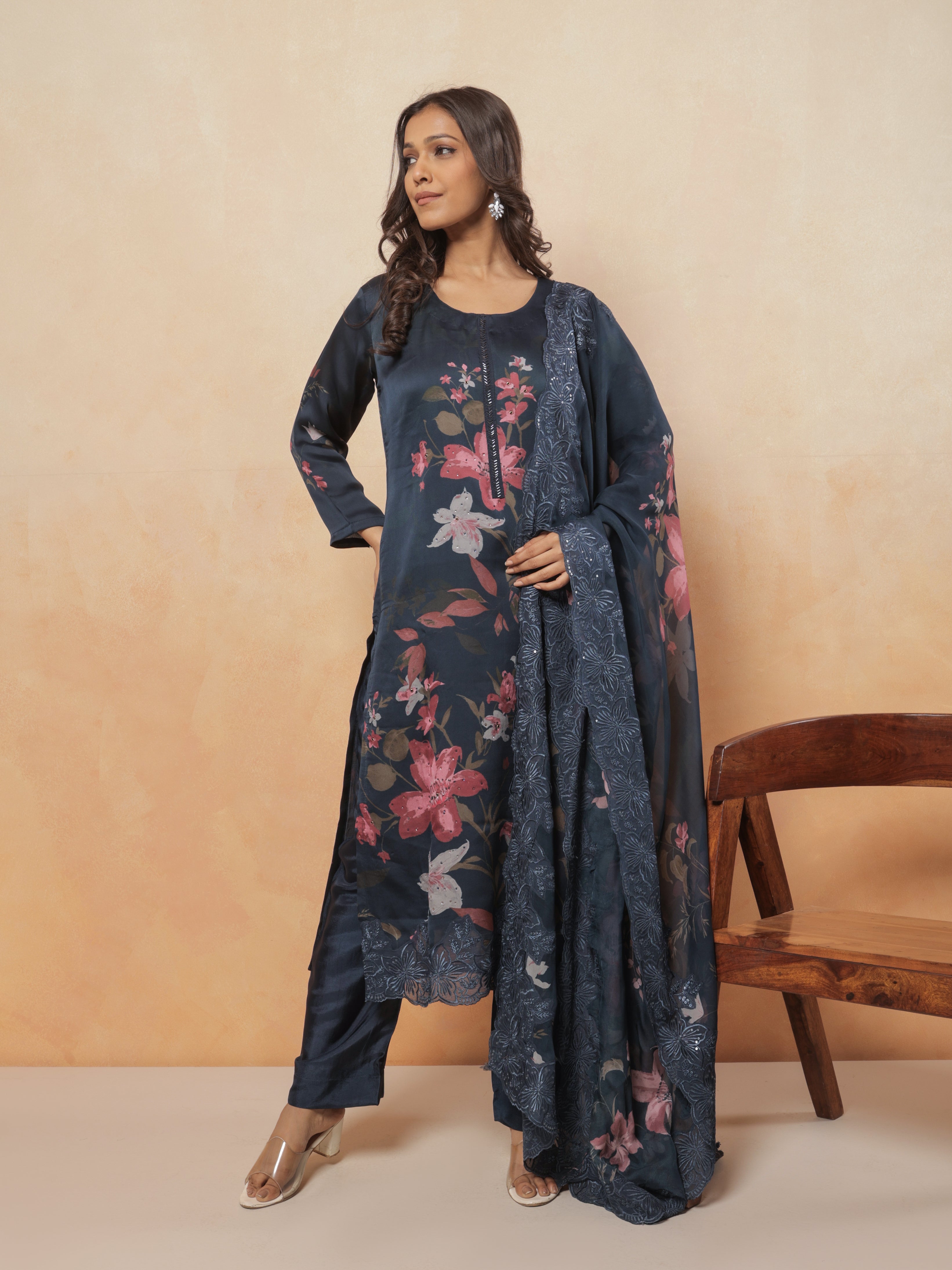 Naira Pure Organza Satin Printed Kurta Set with Organza Dupatta - Navy Blue
