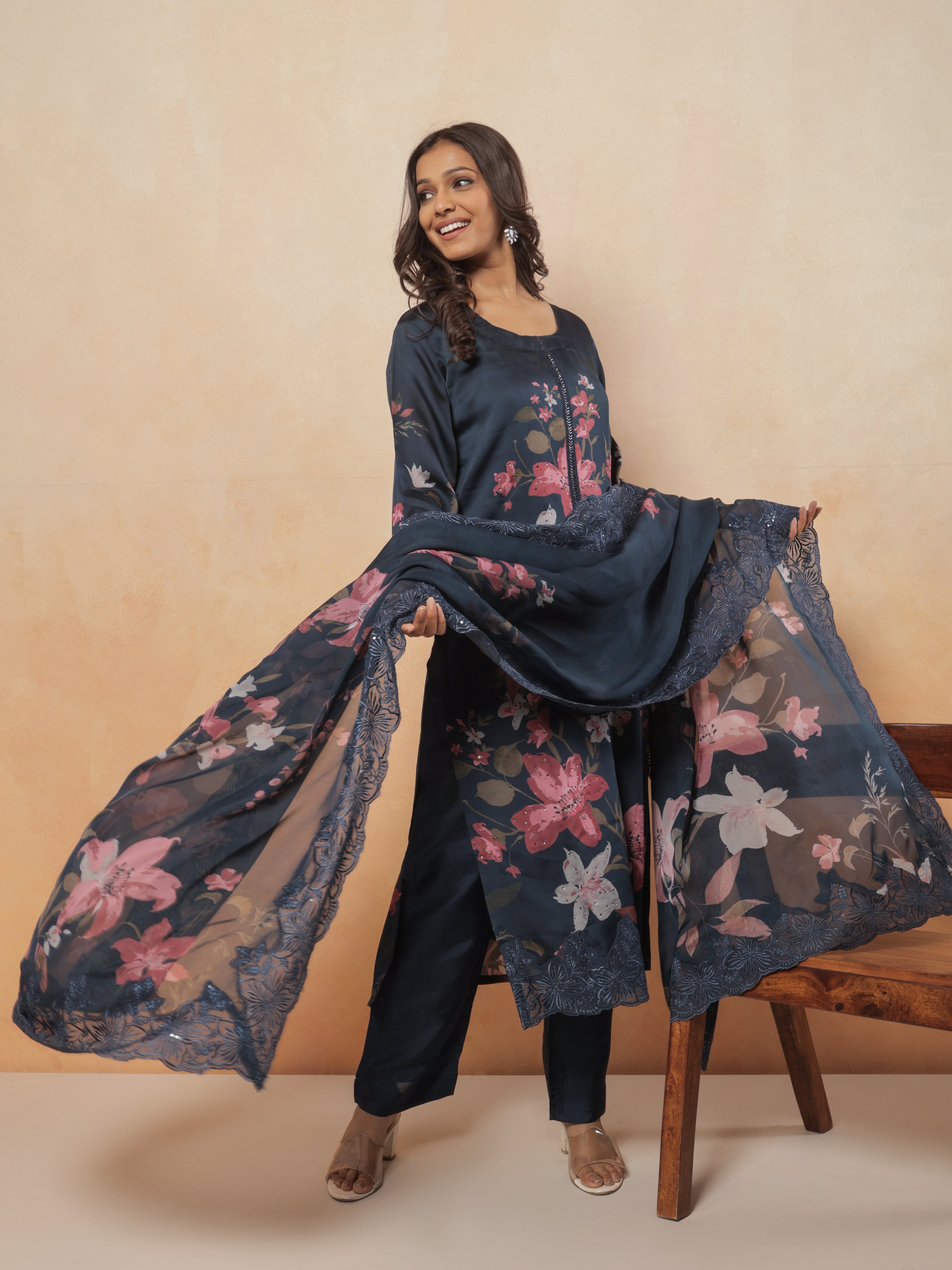 Naira Pure Organza Satin Printed Kurta Set with Organza Dupatta - Navy Blue