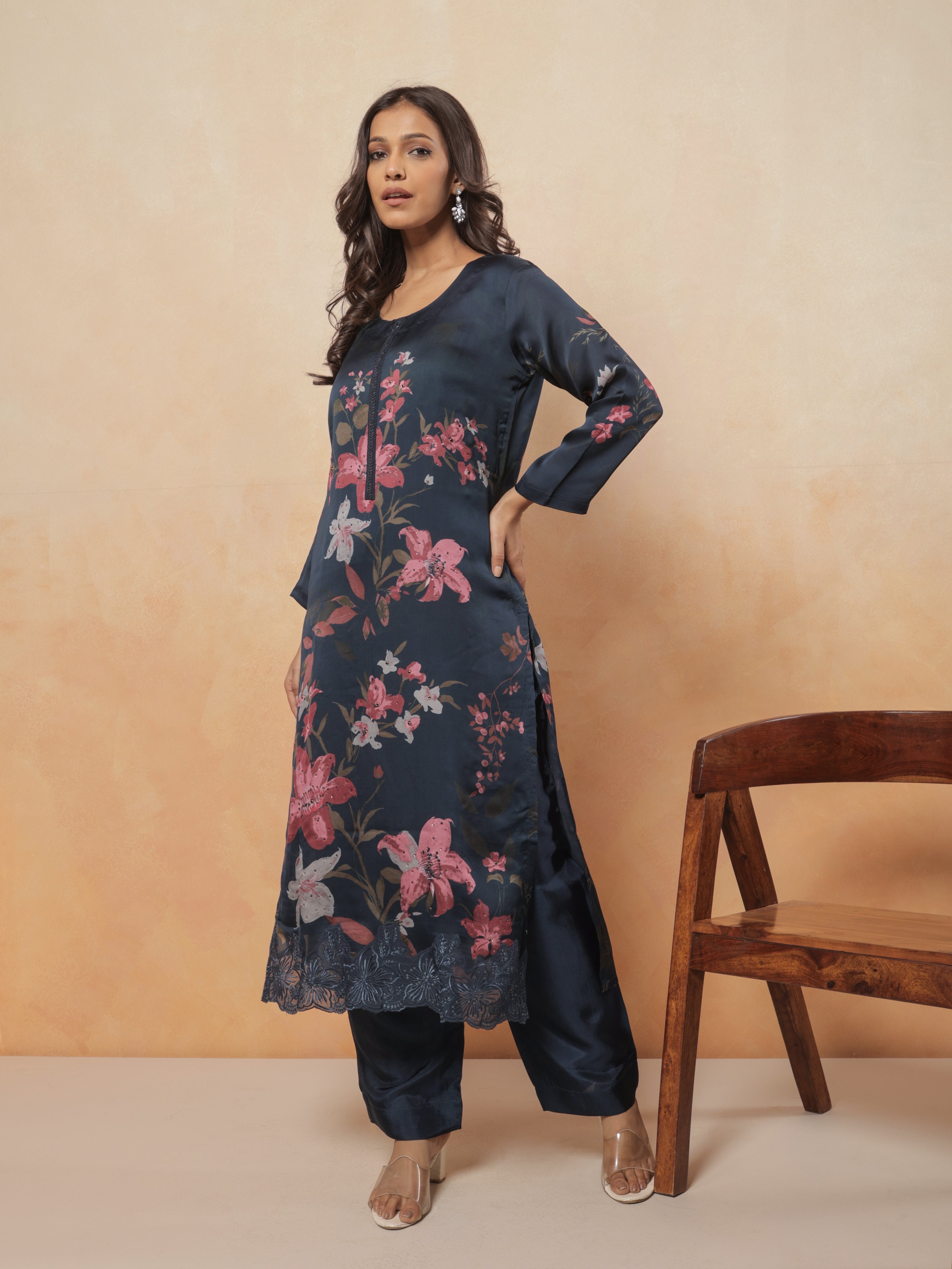 Naira Pure Organza Satin Printed Kurta Set with Organza Dupatta - Navy Blue