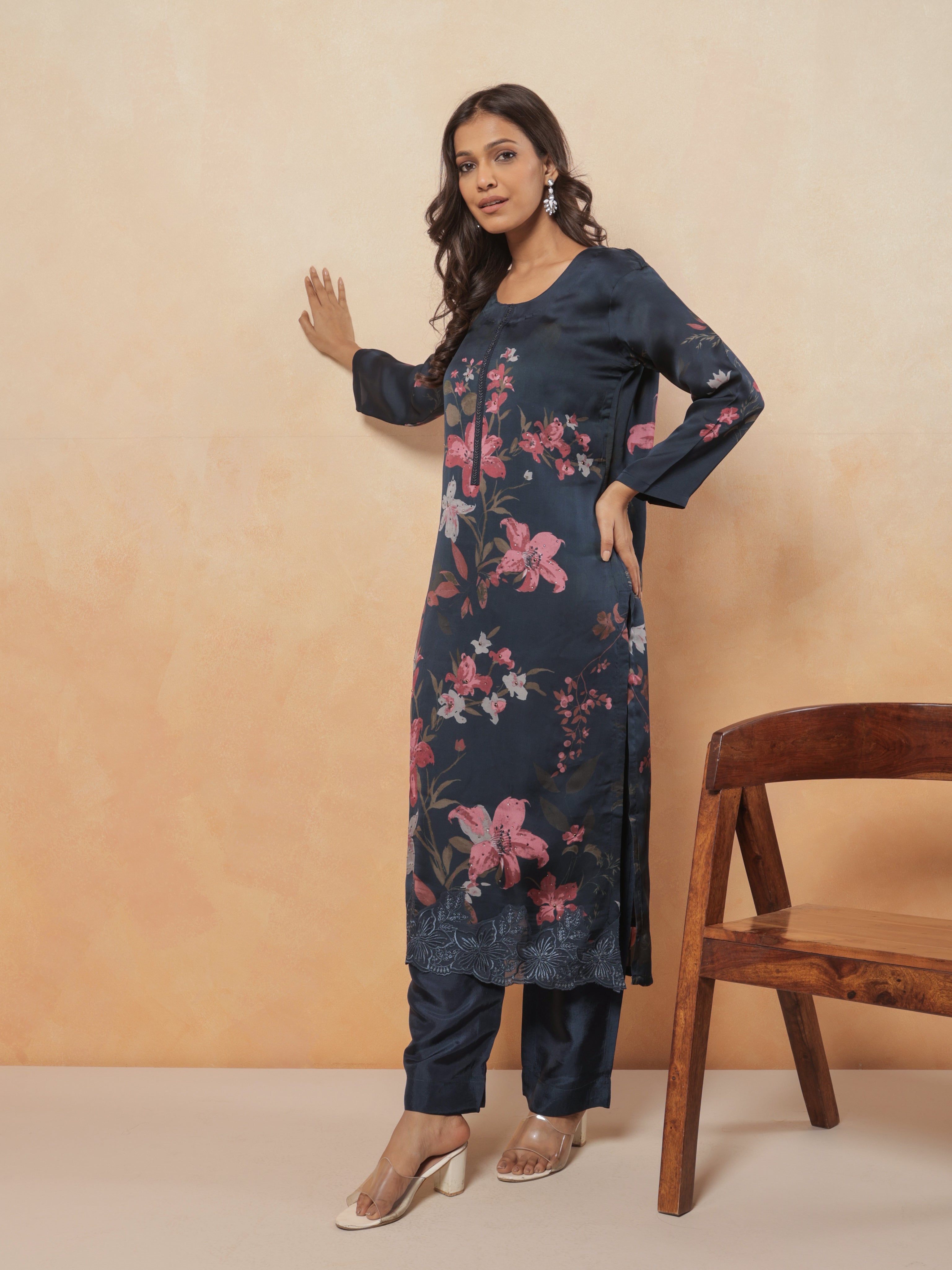 Naira Pure Organza Satin Printed Kurta Set with Organza Dupatta - Navy Blue