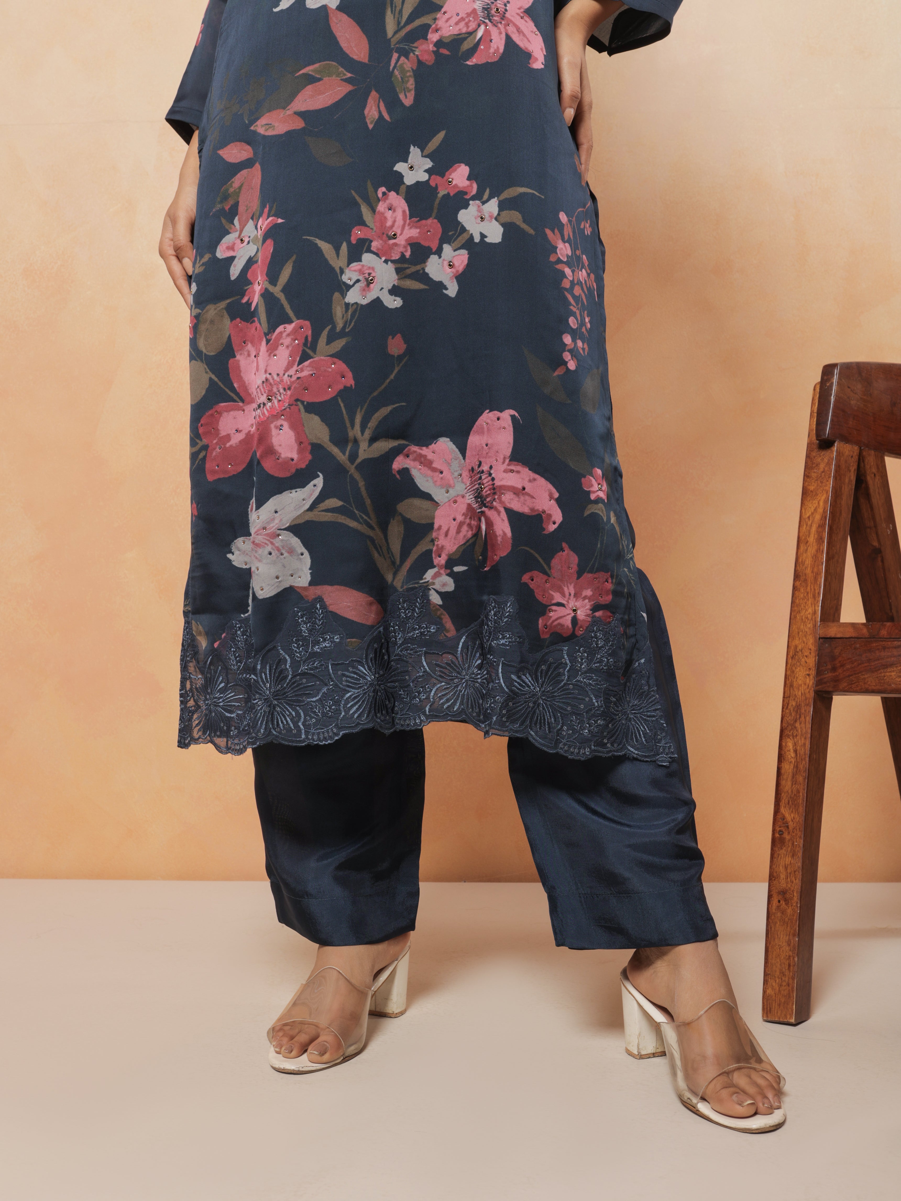 Naira Pure Organza Satin Printed Kurta Set with Organza Dupatta - Navy Blue