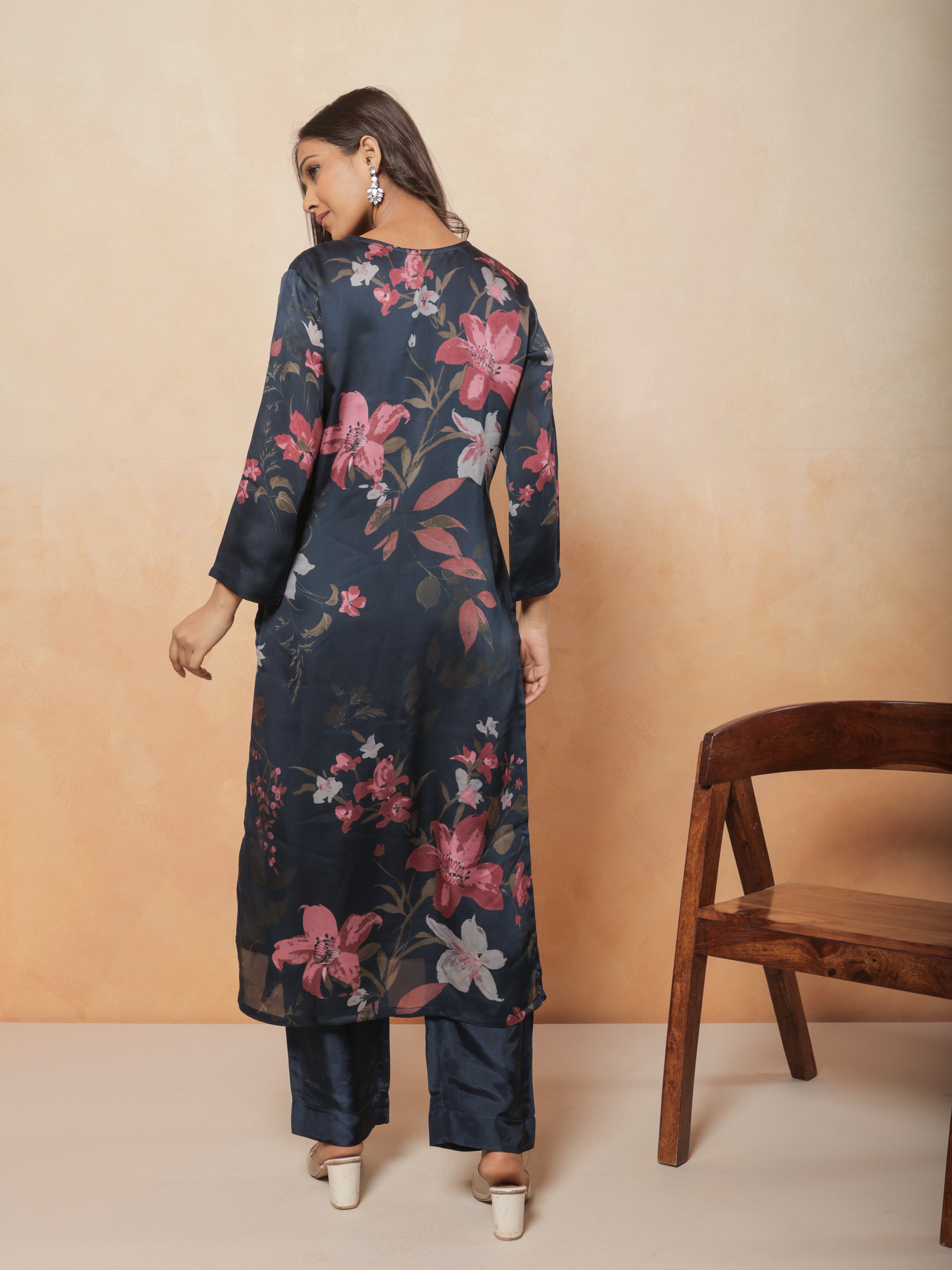 Naira Pure Organza Satin Printed Kurta Set with Organza Dupatta - Navy Blue