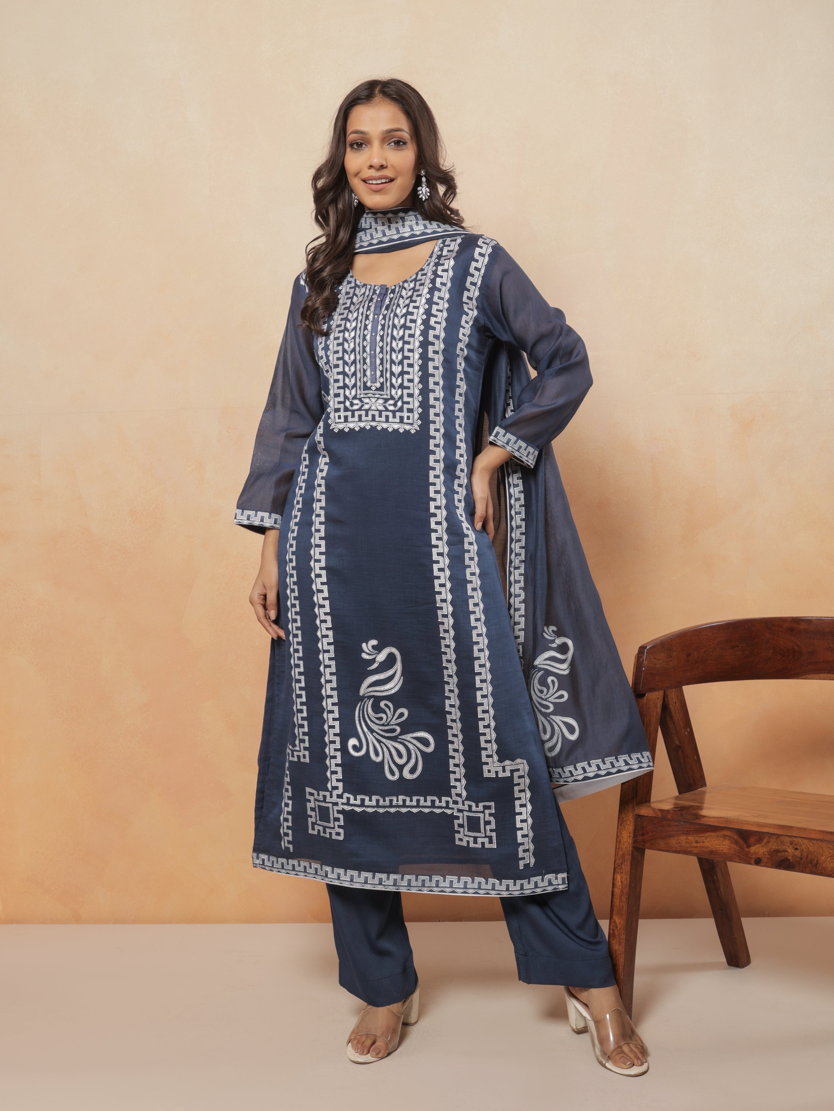 Veera Pure Mul Chanderi Embroidered Kurta Set with Dupatta - Navy Blue
