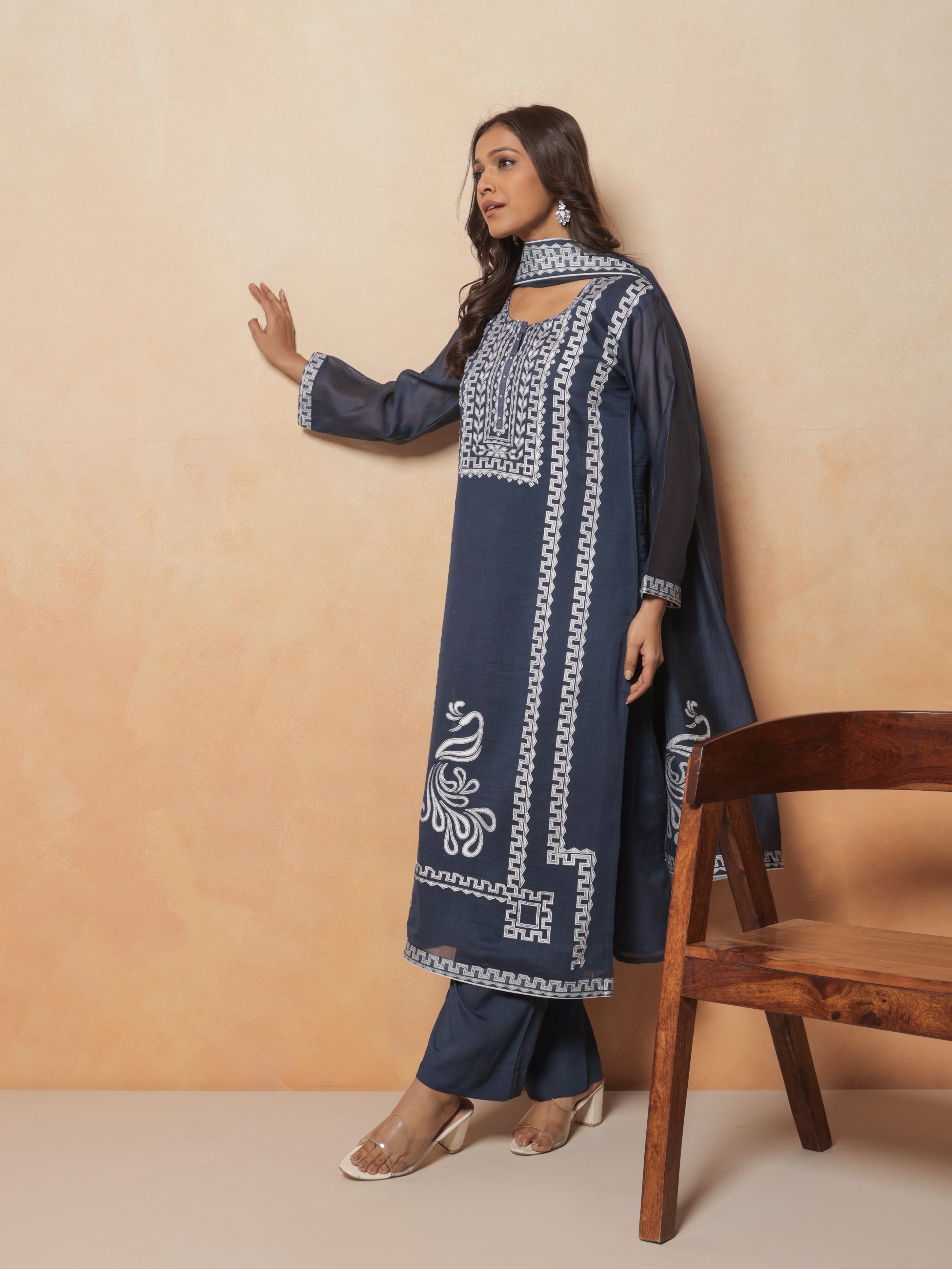 Veera Pure Mul Chanderi Embroidered Kurta Set with Dupatta - Navy Blue
