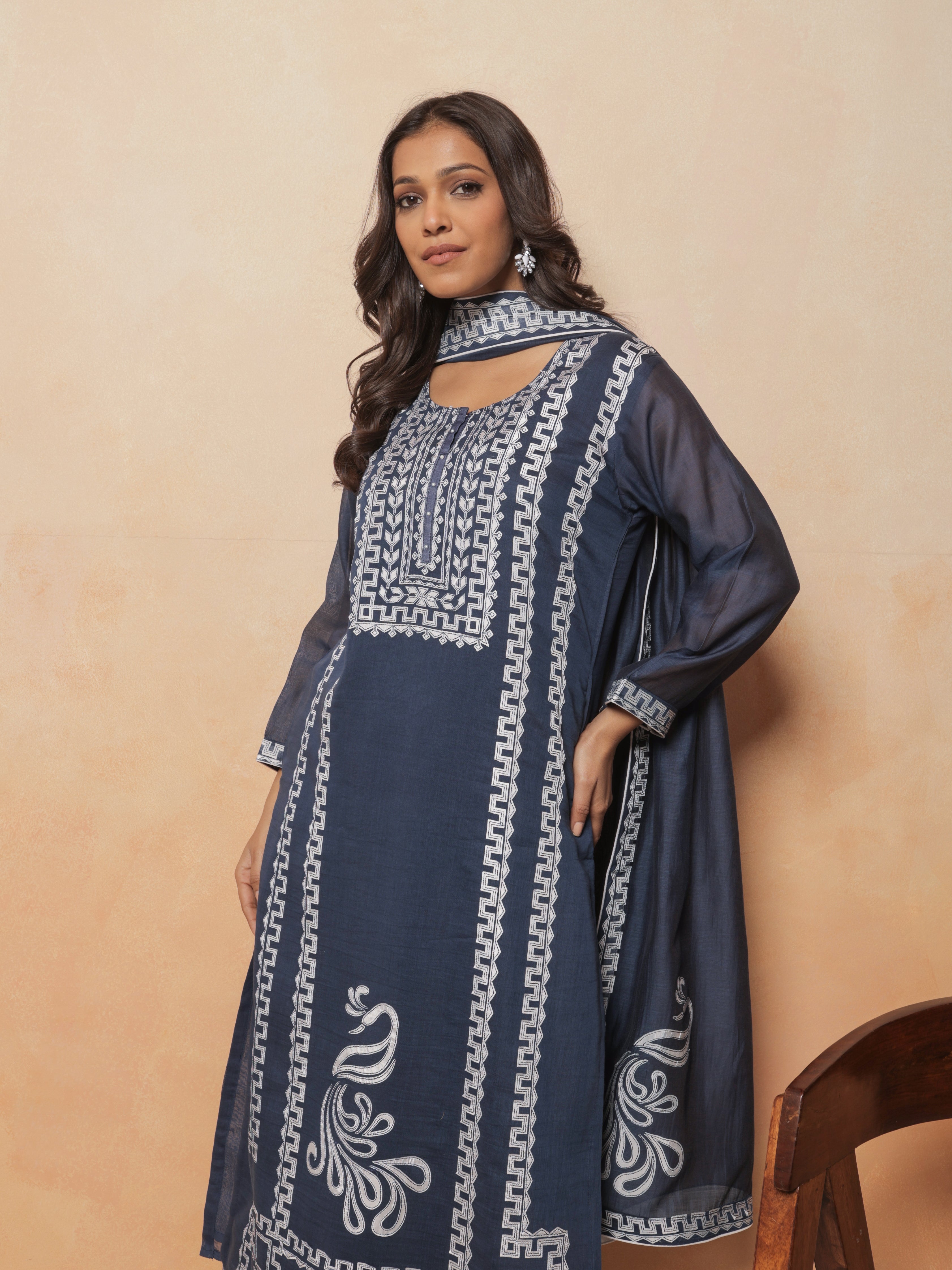 Veera Pure Mul Chanderi Embroidered Kurta Set with Dupatta - Navy Blue