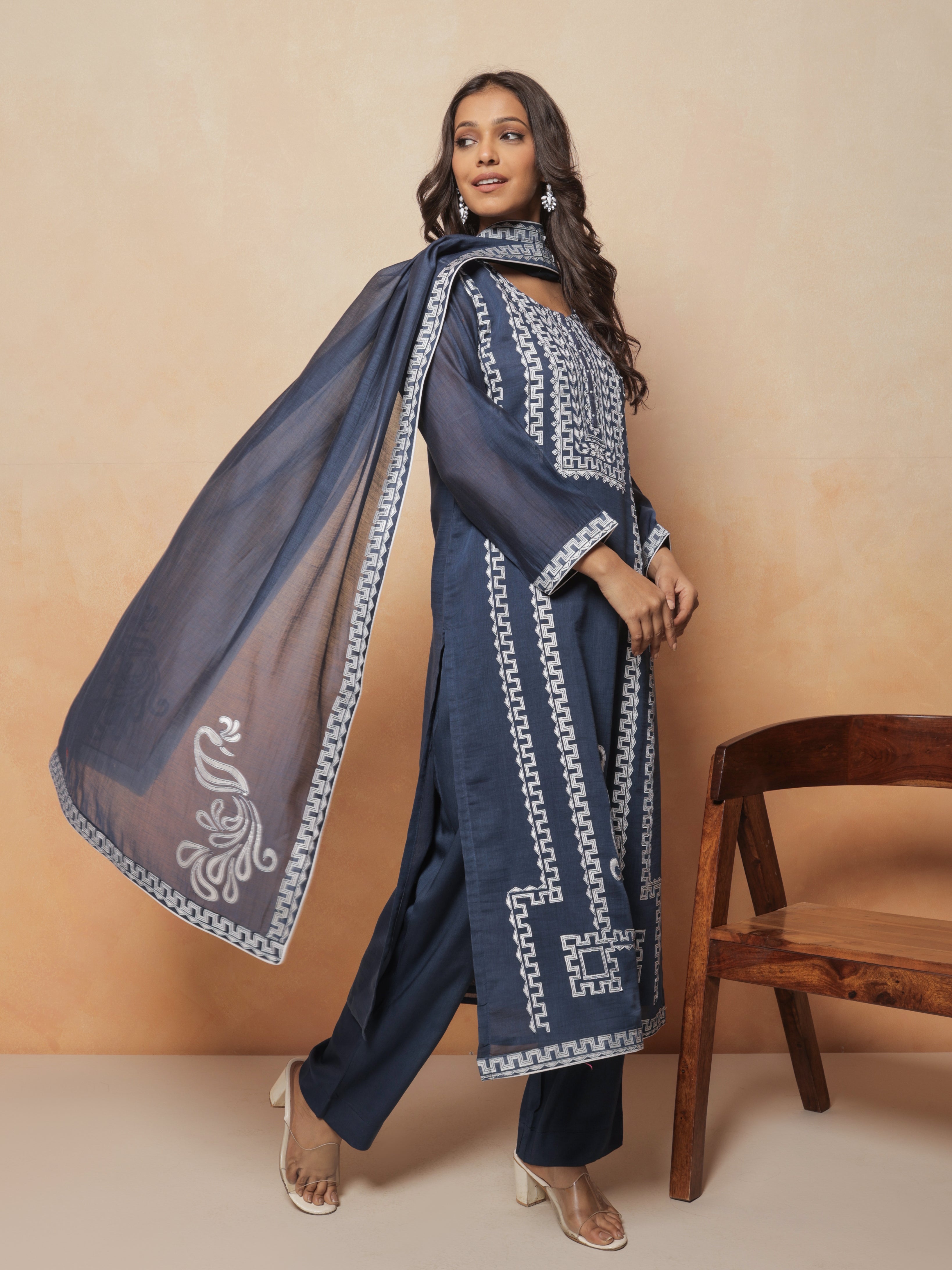 Veera Pure Mul Chanderi Embroidered Kurta Set with Dupatta - Navy Blue