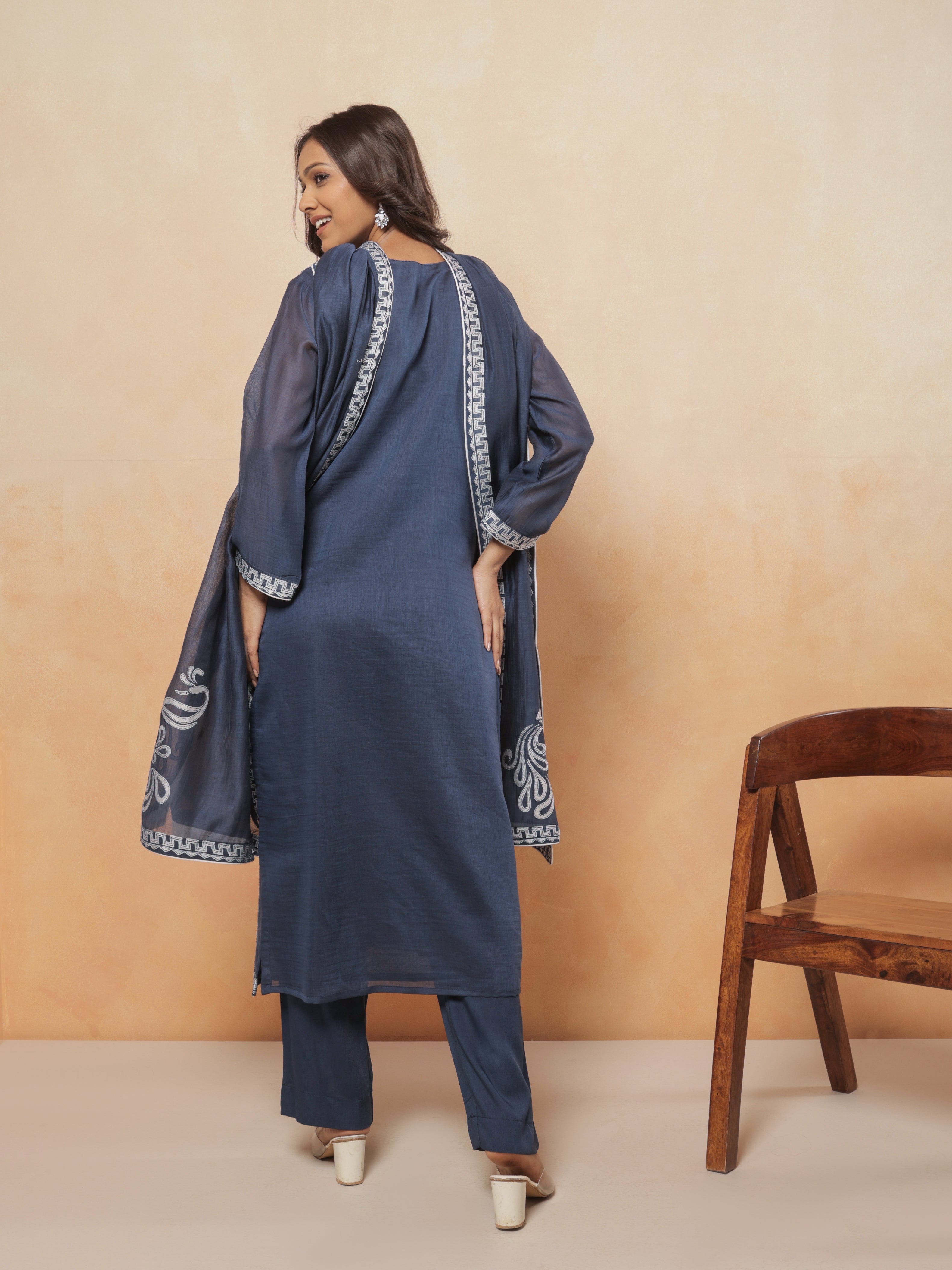 Veera Pure Mul Chanderi Embroidered Kurta Set with Dupatta - Navy Blue
