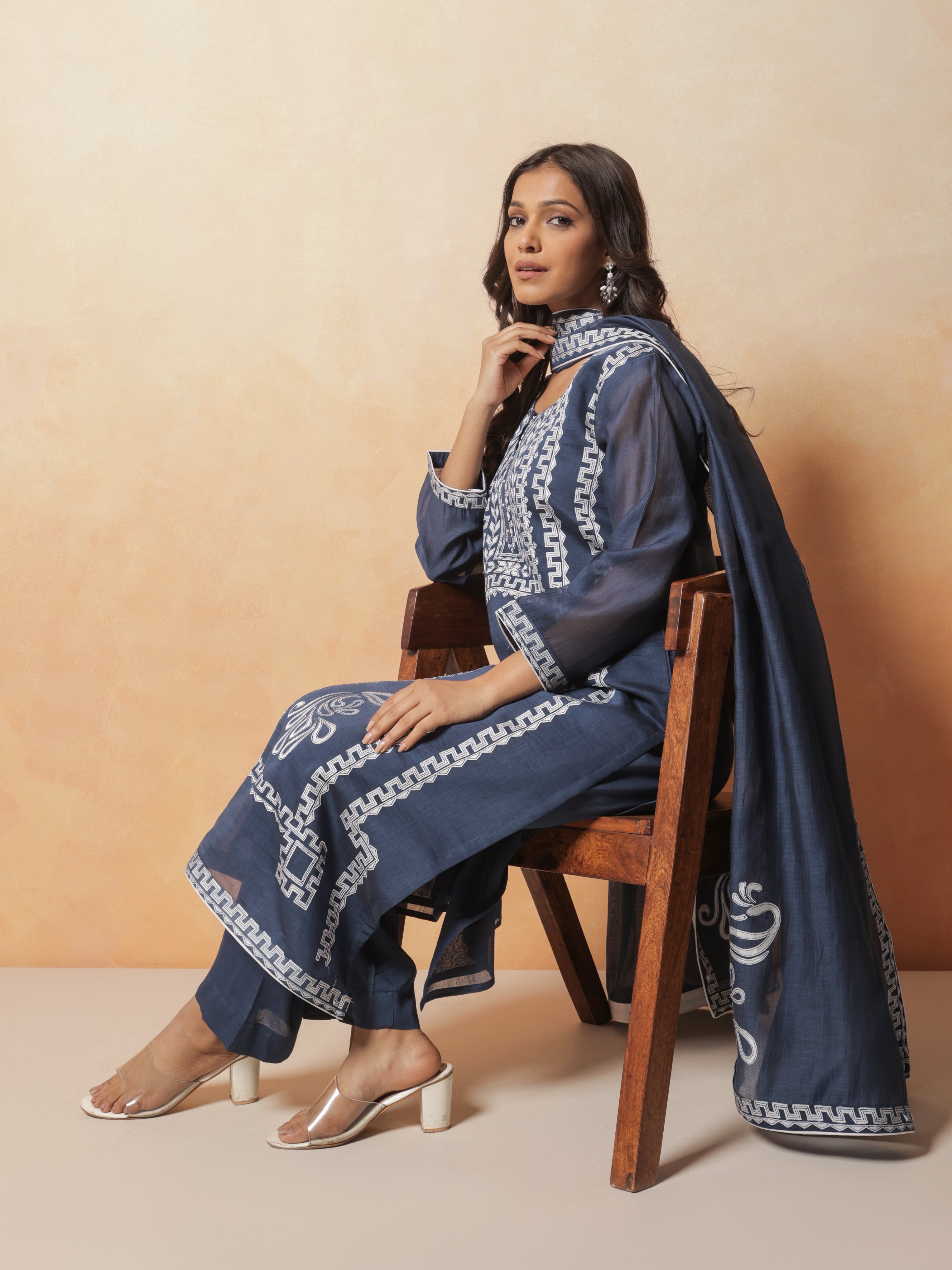 Veera Pure Mul Chanderi Embroidered Kurta Set with Dupatta - Navy Blue