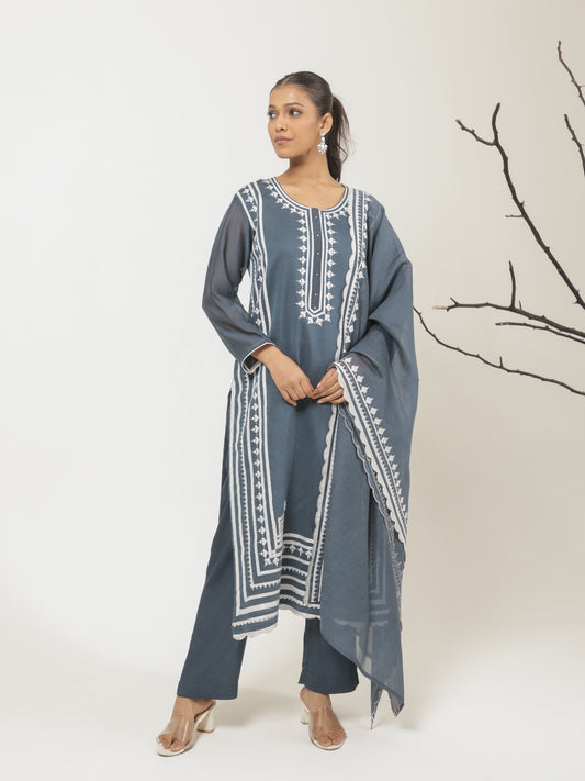 Aabroo Pure Mul Chanderi Embroidered Kurta Set with Dupatta
