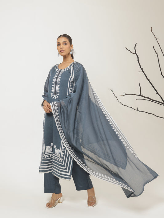 Aabroo Pure Mul Chanderi Embroidered Kurta Set with Dupatta