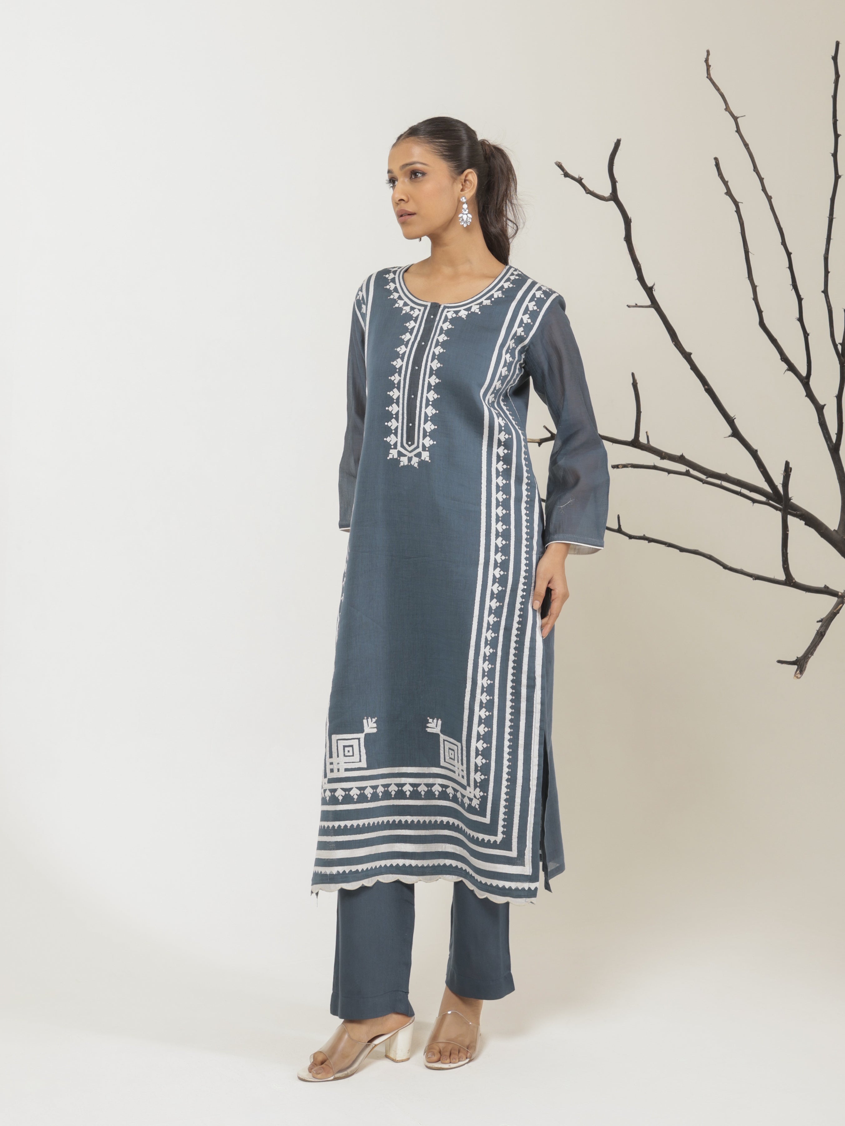 Aabroo Pure Mul Chanderi Embroidered Kurta Set with Dupatta