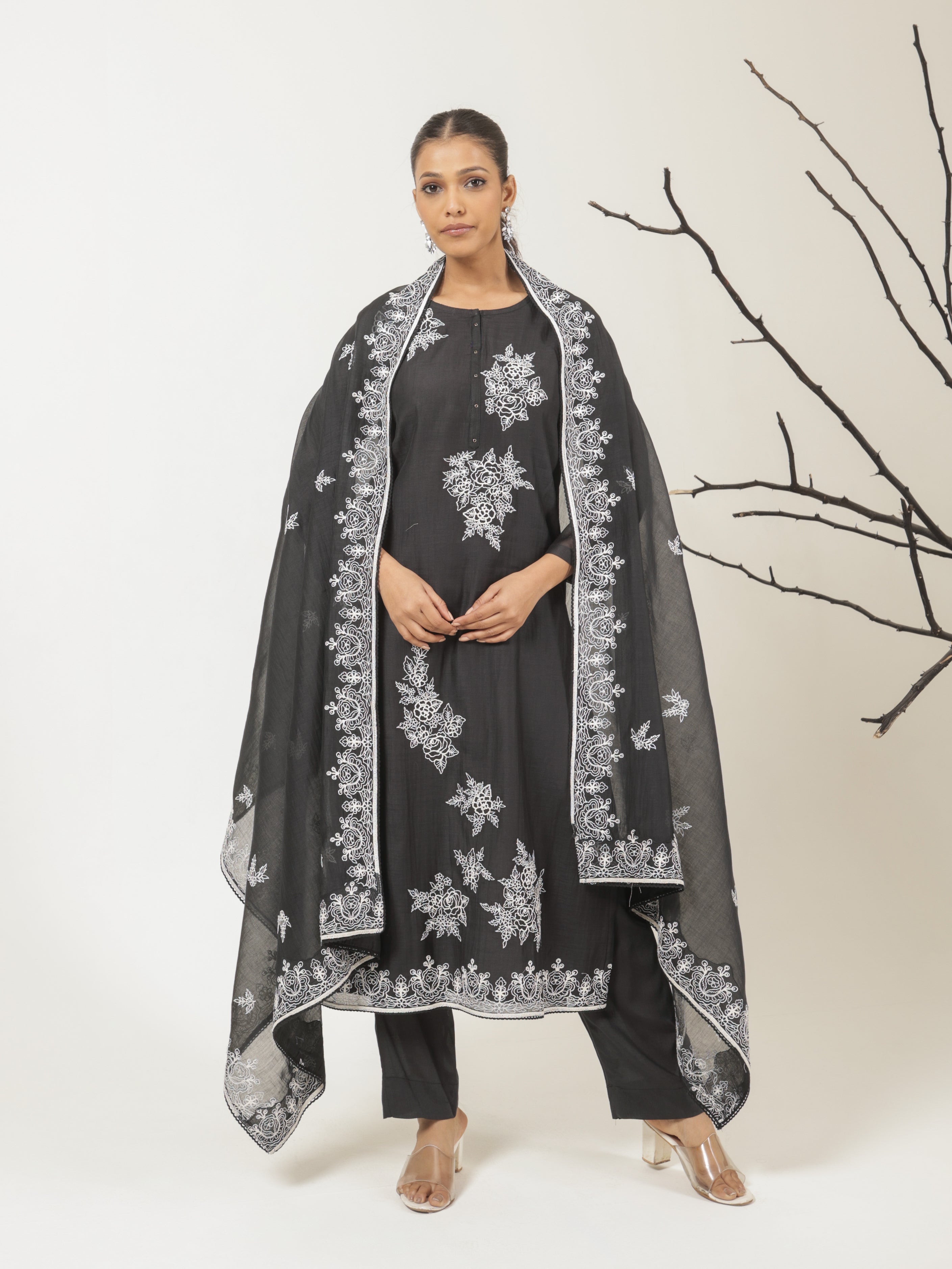 Vanya Pure Mul Chanderi Embroidered Kurta Set with Dupatta- Black