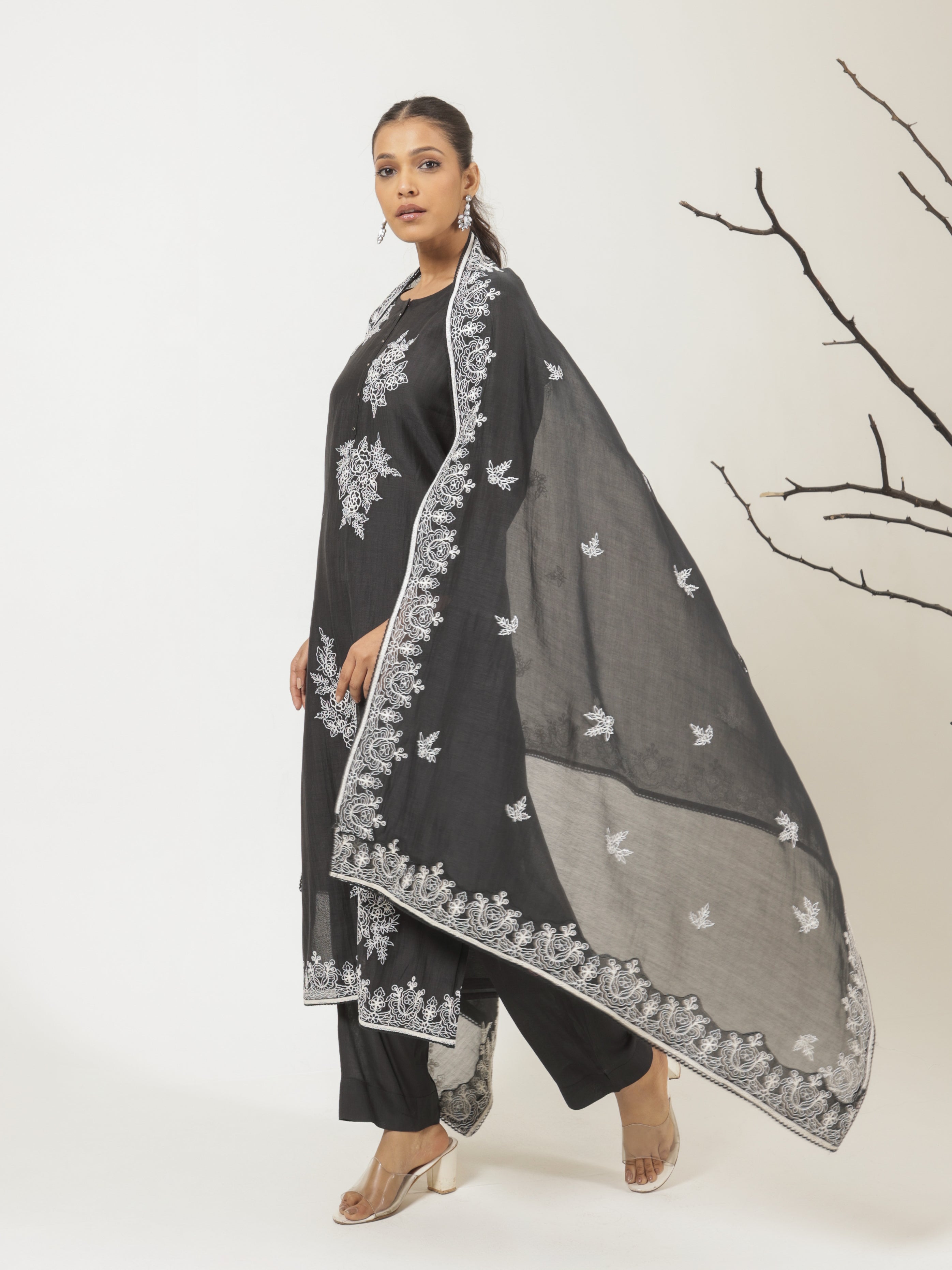 Vanya Pure Mul Chanderi Embroidered Kurta Set with Dupatta- Black